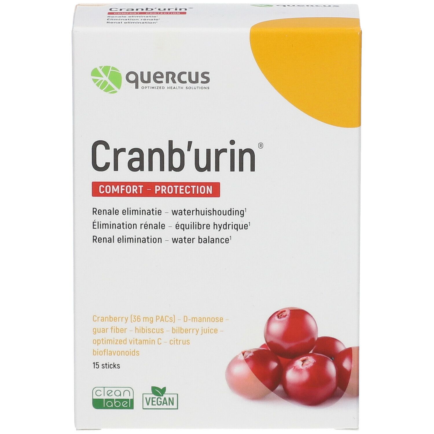Doosje Cranb'urin van Quercus. Bevat 15 sticks. Illustratie van cranberry's.