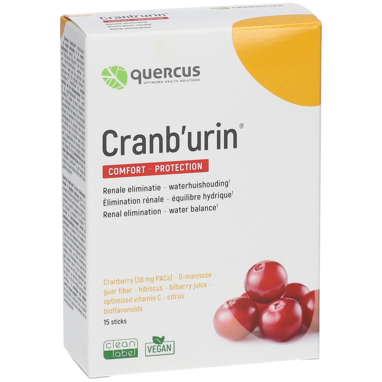 Doosje Cranb'urin van Quercus. Bevat 15 sticks. Illustratie van cranberry's.