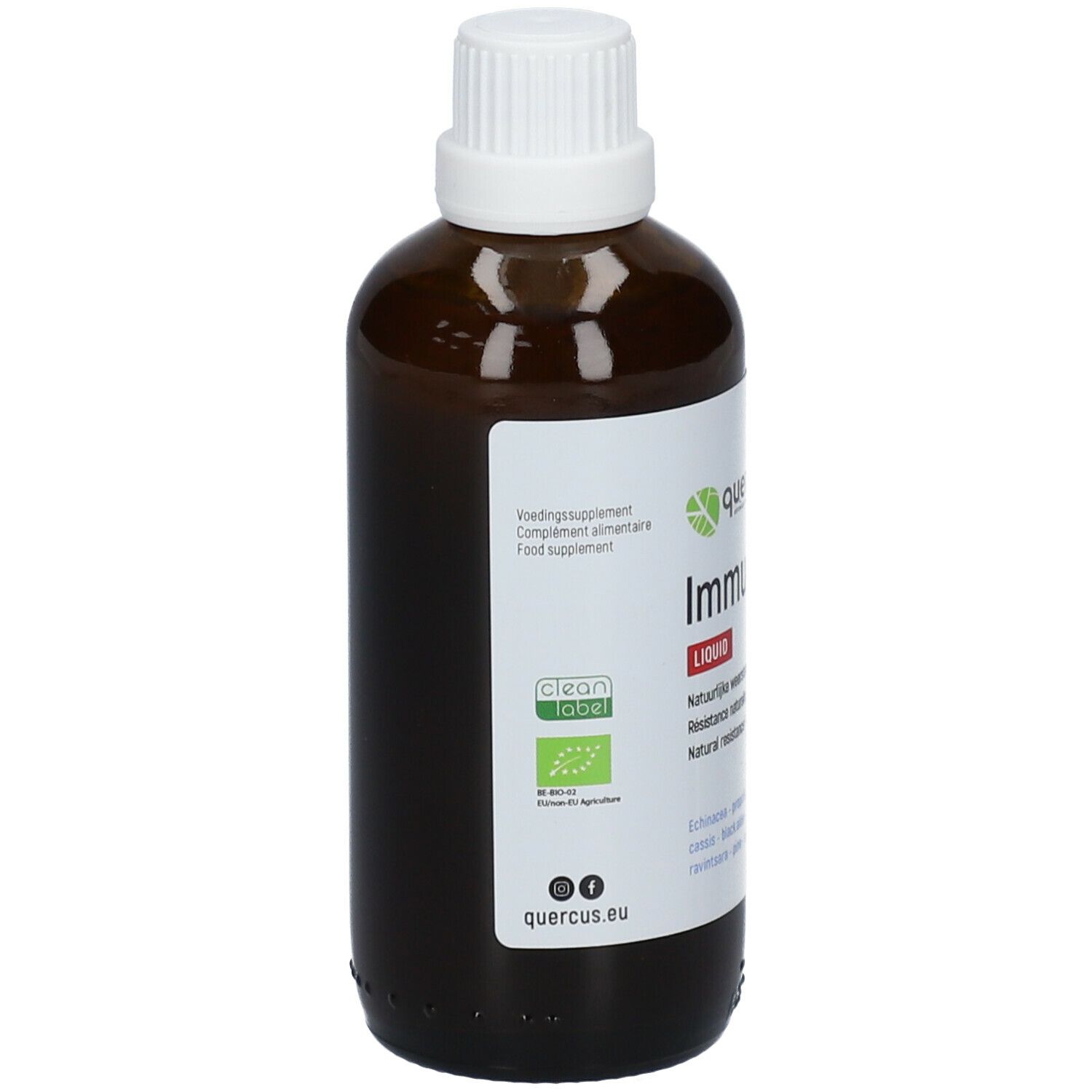 Bouteille marron avec bouchon blanc. Étiquette avec logo, texte et certification Clean Label. Quercus ImmuProtect Liquid.