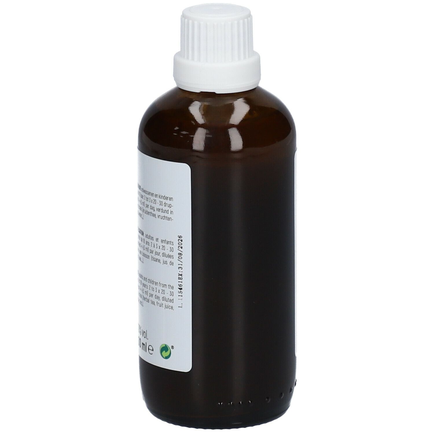 Bouteille marron avec bouchon blanc. Étiquette avec texte et numéro de lot. Quercus ImmuProtect Liquid.