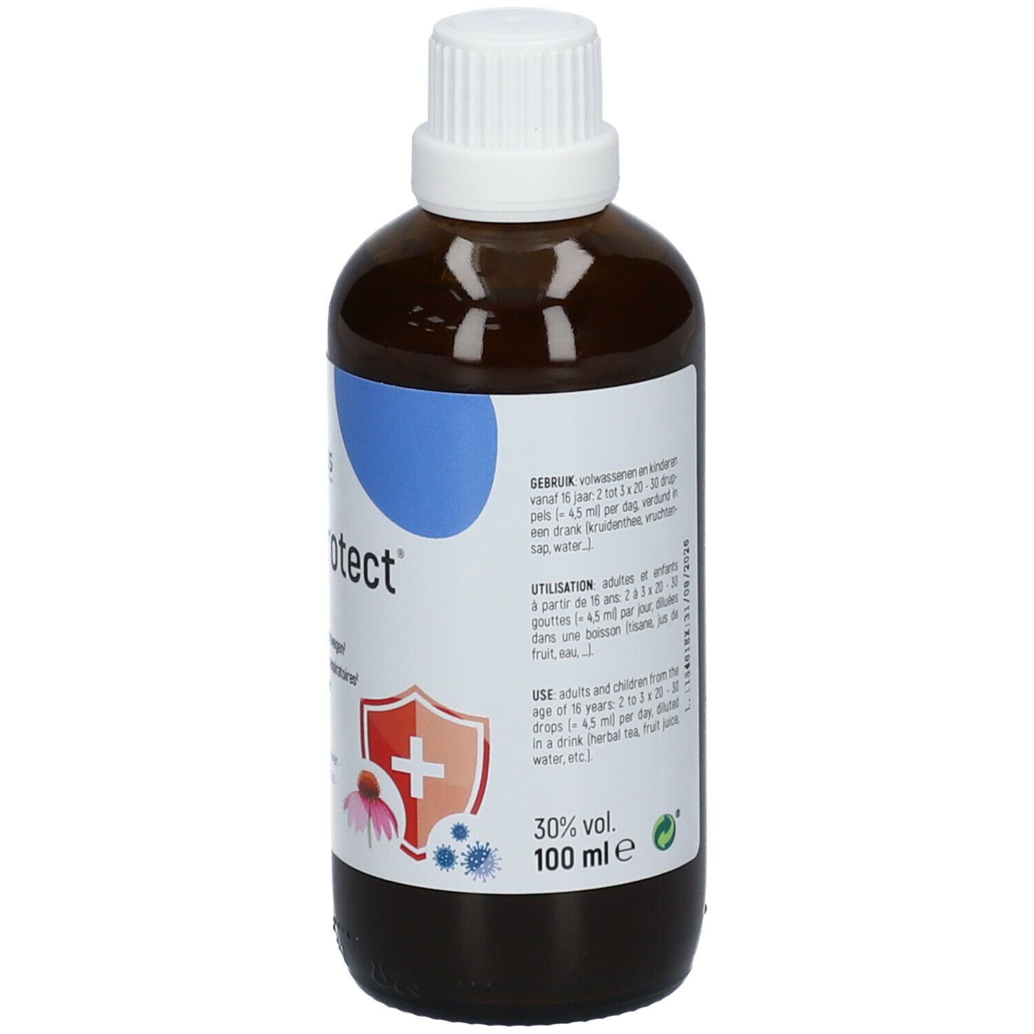 Bouteille marron avec bouchon blanc. Étiquette avec nom, ingrédients et volume. Quercus ImmuProtect Liquid.