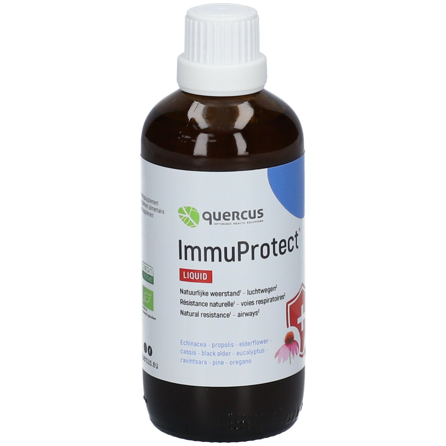 Bouteille marron avec bouchon blanc. Étiquette avec nom, ingrédients et logo. Quercus ImmuProtect Liquid.