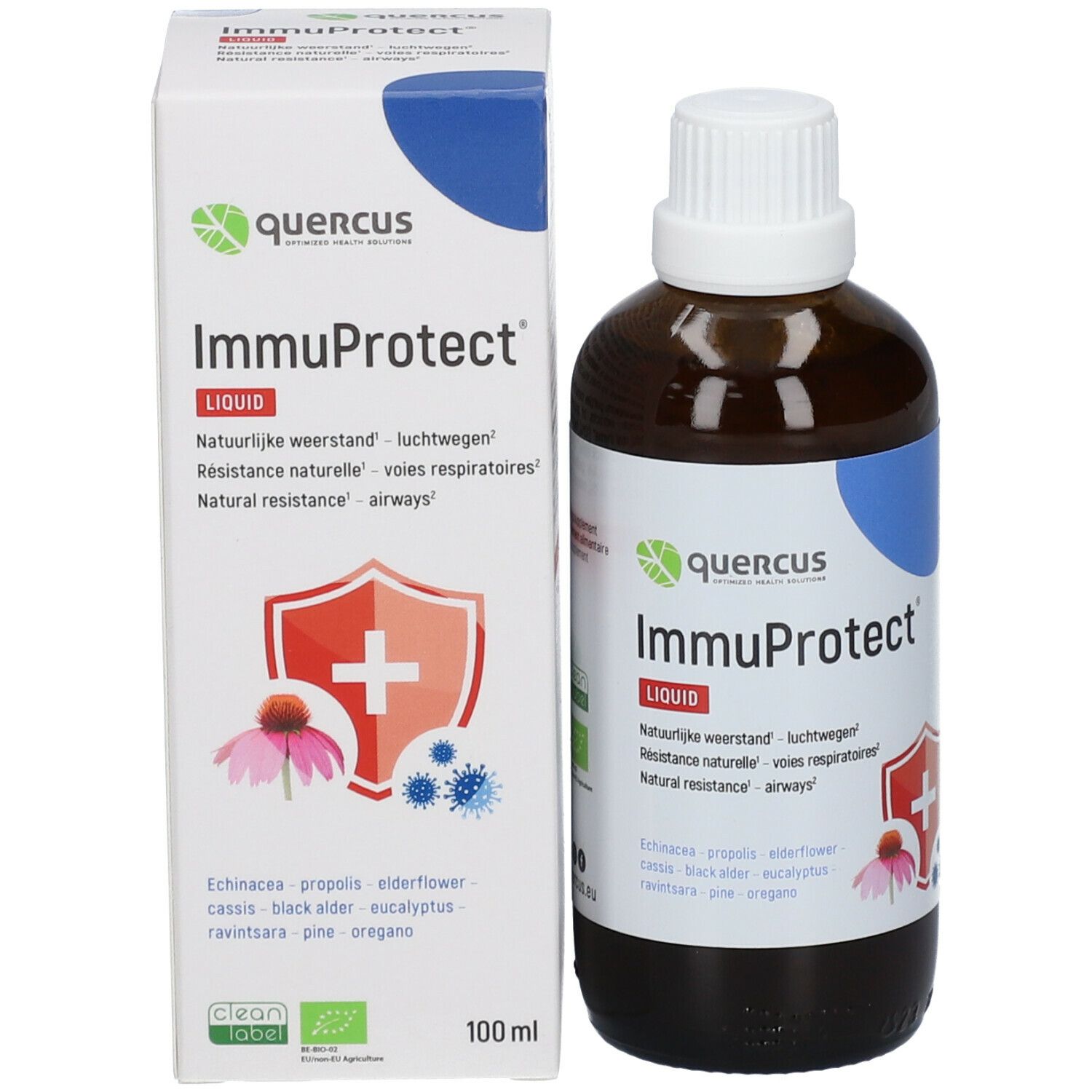 Bouteille et emballage du produit. Emballage blanc avec nom et logo. Quercus ImmuProtect Liquid.