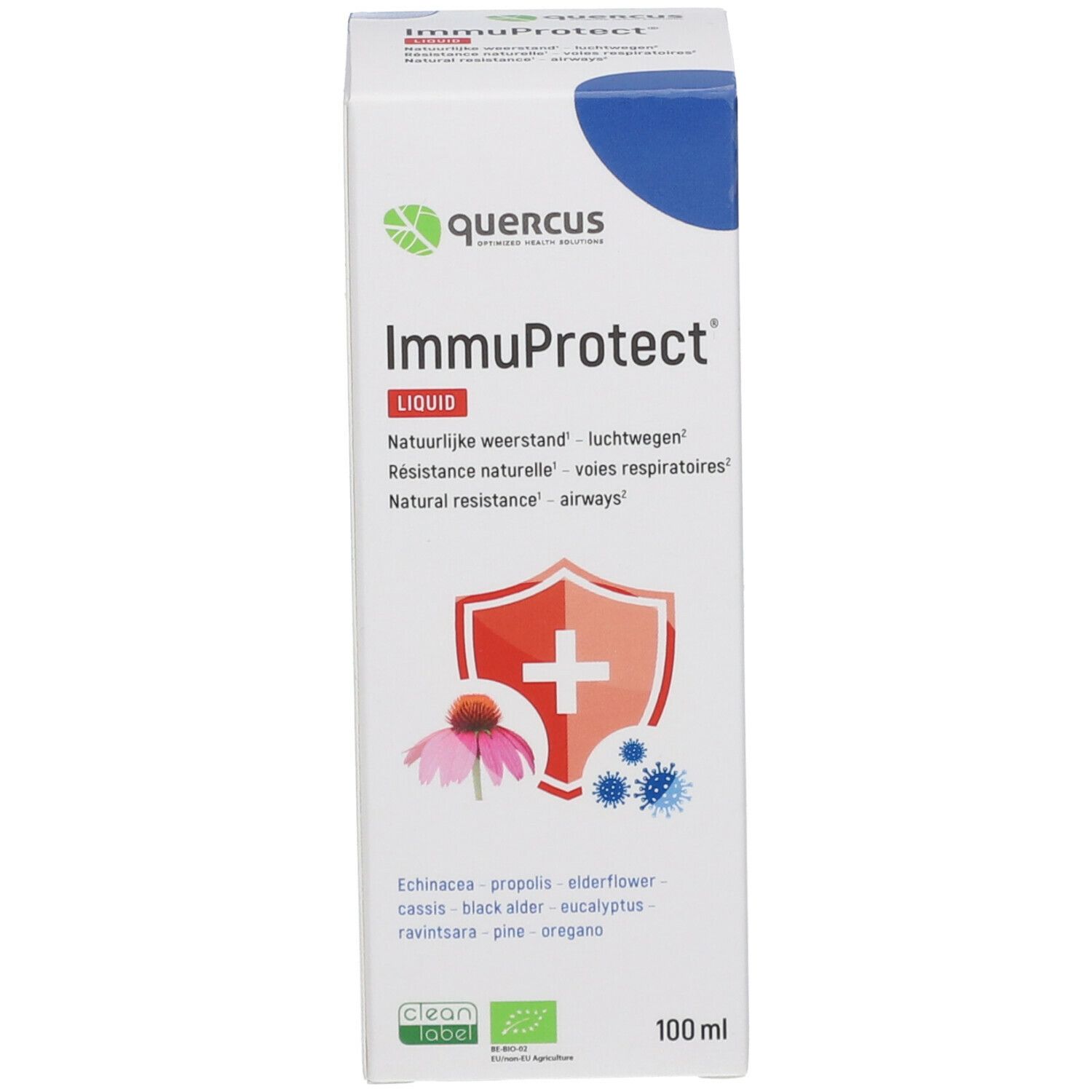 Emballage blanc avec nom et logo. Quercus ImmuProtect Liquid. Avec certification Clean Label.