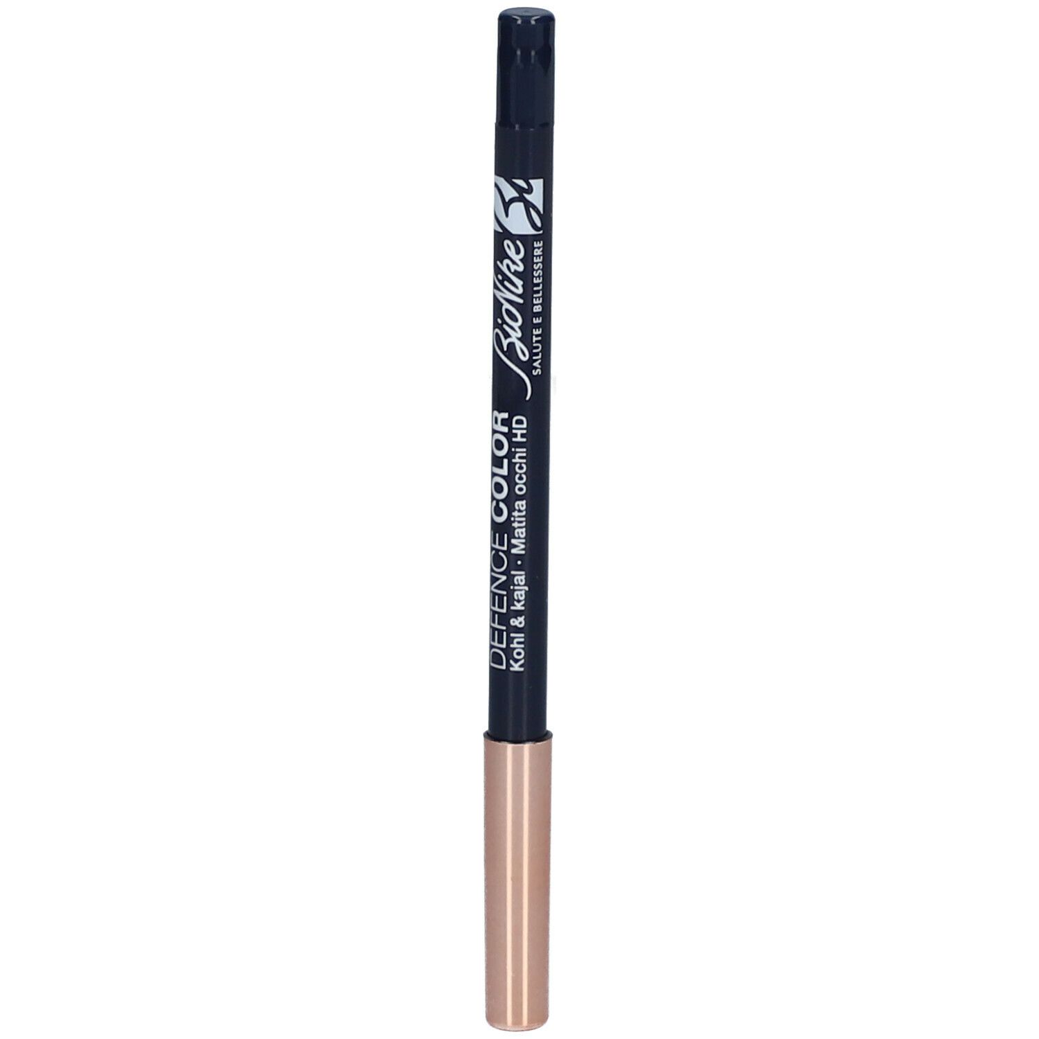 Blauer Kajalstift mit goldfarbener Spitze. Text: DEFENCE COLOR, Kohl & Kajal, HD.