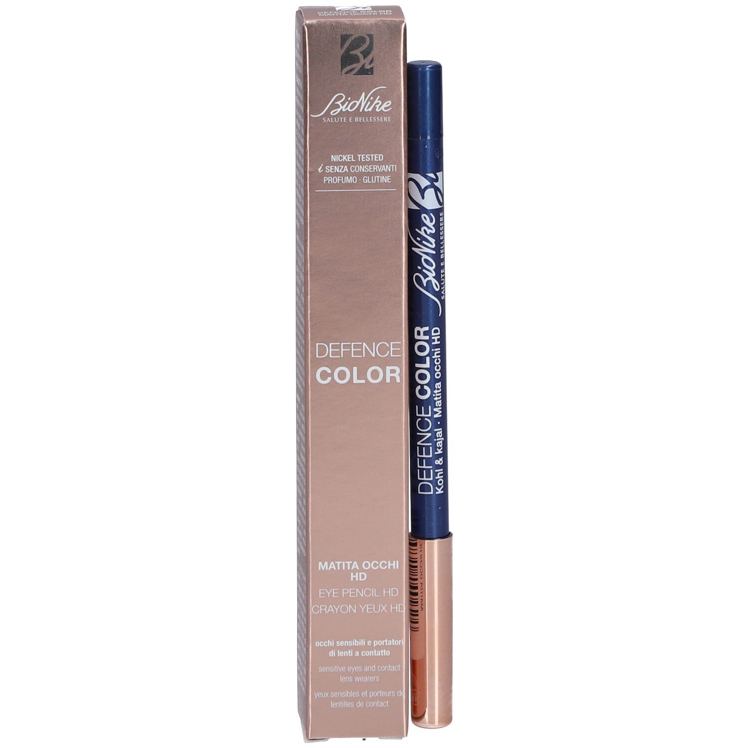 Kajalstift und Verpackung. Aufschrift: DEFENCE COLOR, Kajal & Kajal, HD. Nickel getestet, parfümfrei, glutenfrei.