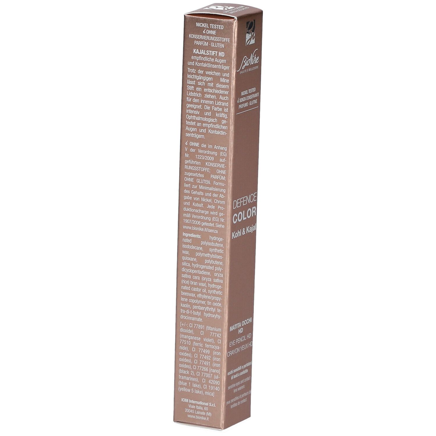 BioNike DEFENCE COLOR Eye Pencil HD 305. Rückseite der Verpackung mit Text. Produktinformationen.