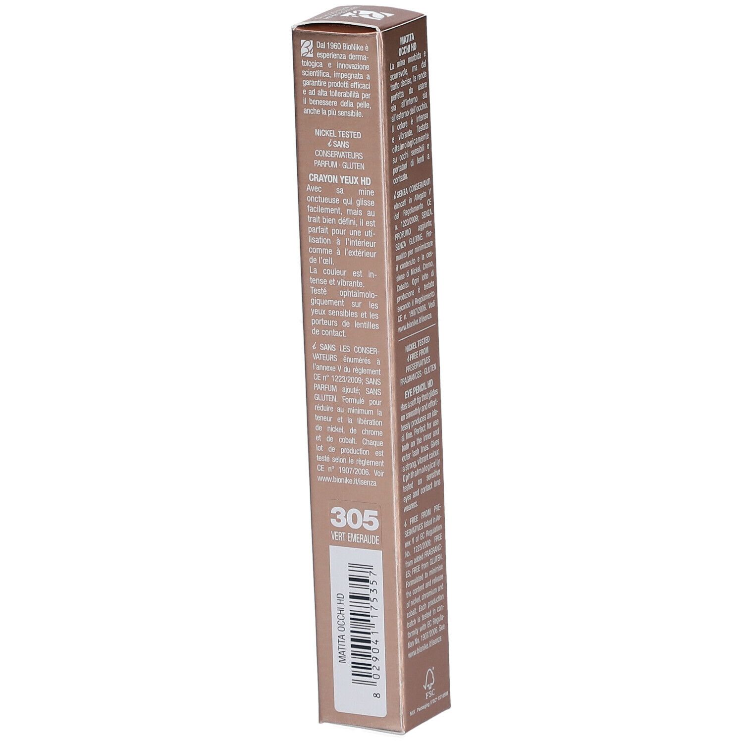 BioNike DEFENCE COLOR Eye Pencil HD 305. Rückseite der Verpackung mit Text. Produktinformationen.