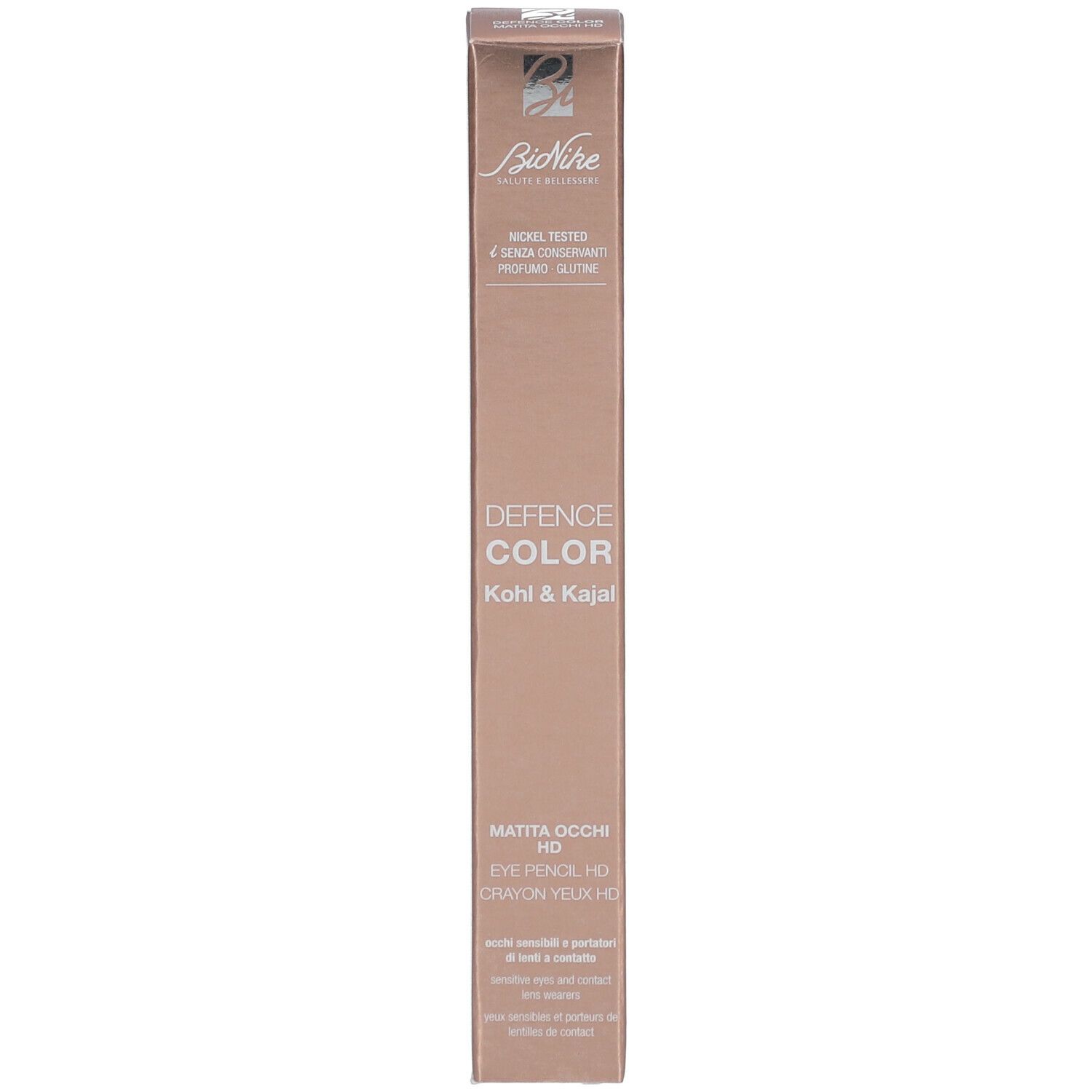 Verpackung. Text: DEFENCE COLOR, Kohl & Kajal, HD, MATITA OCCHI HD, EYE PENCIL HD, CRAYON YEUX HD. Marke: BioNike.