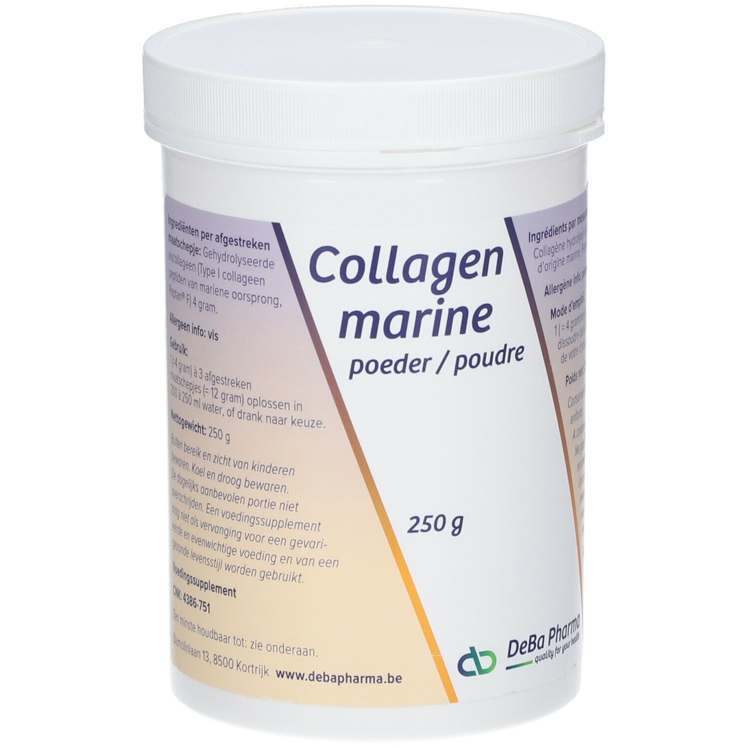 Weißer Behälter mit Deckel. Aufschrift: Collagen marine, poeder/poudre, 250 g. Logo DeBa Pharma.