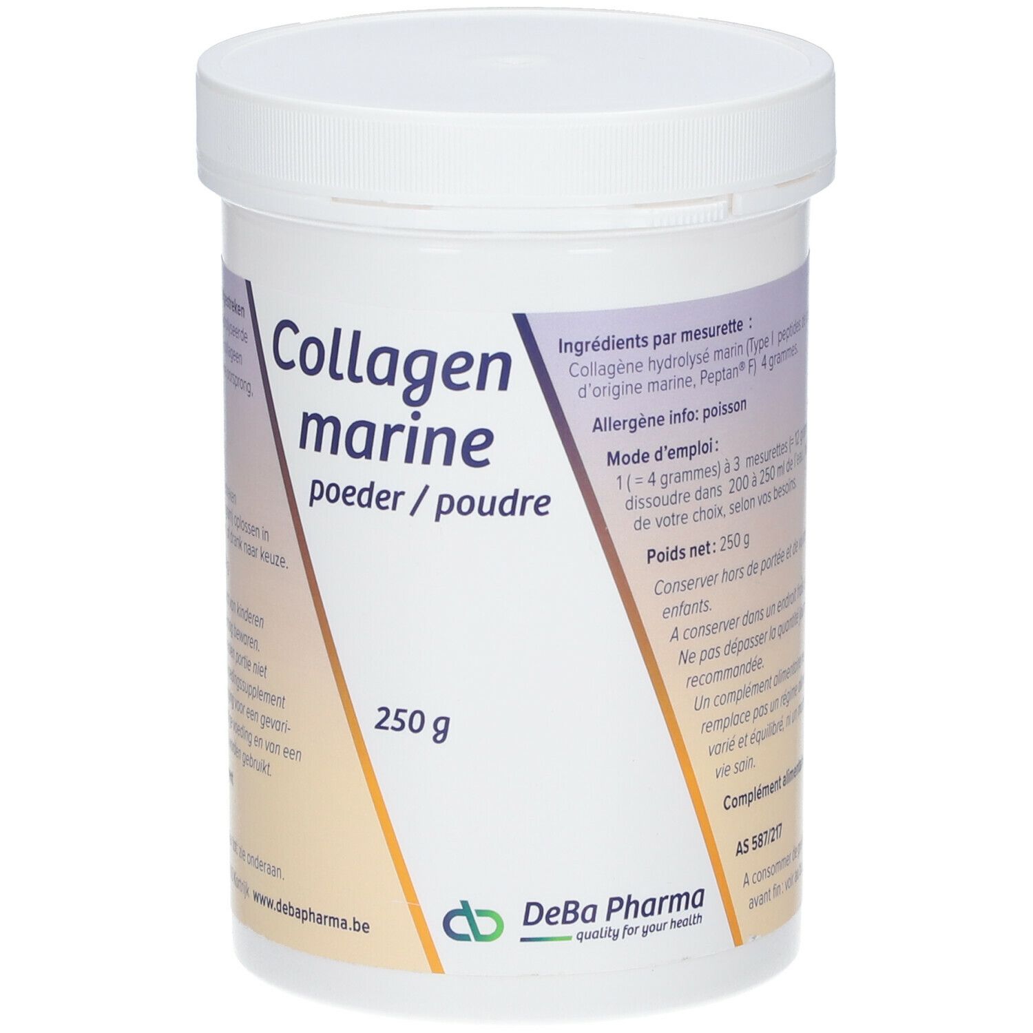 Weißer Behälter mit Deckel. Aufschrift: Collagen marine, poeder/poudre, 250 g. Logo DeBa Pharma.
