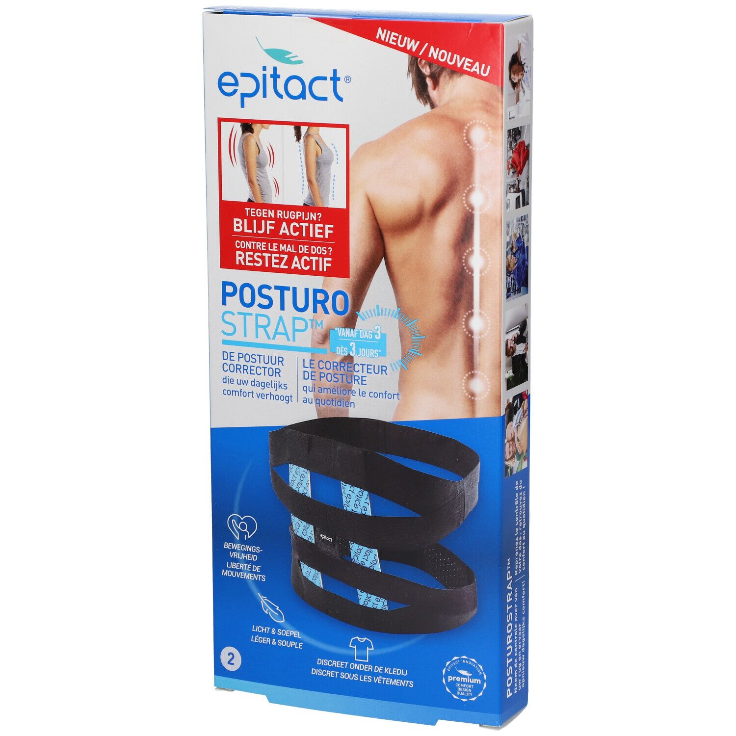 Epitact Posturostrap Taille 2. Bandage noir dans son emballage. Inscriptions: Epitact, Posturostrap, textes multilingues.