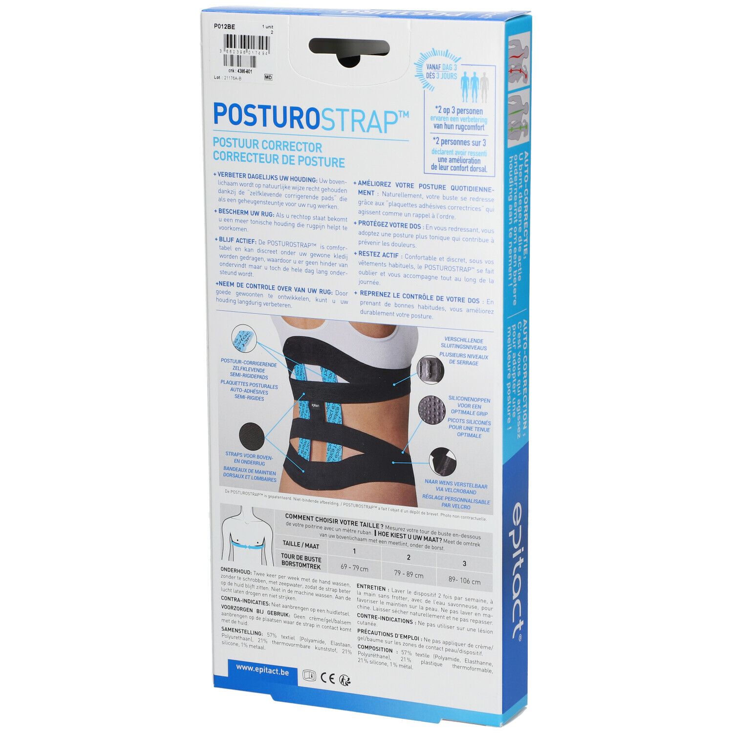 Dos de l'emballage Epitact Posturostrap Taille 2. Illustration du produit, textes multilingues, tableau des tailles.