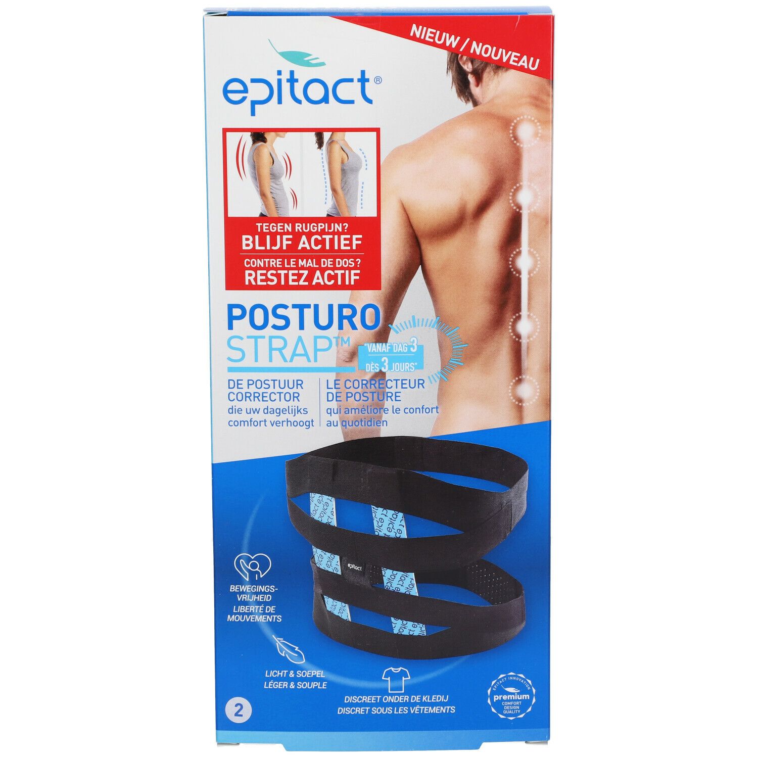 Epitact Posturostrap Taille 2. Bandage noir dans son emballage. Inscriptions: Epitact, Posturostrap, textes multilingues.