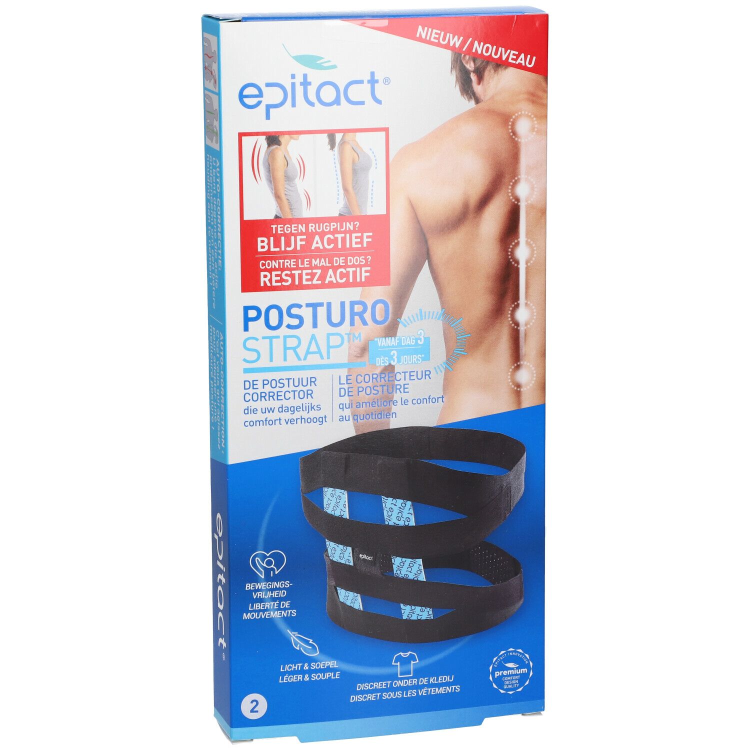 Epitact Posturostrap Taille 2. Bandage noir dans son emballage. Inscriptions: Epitact, Posturostrap, textes multilingues.