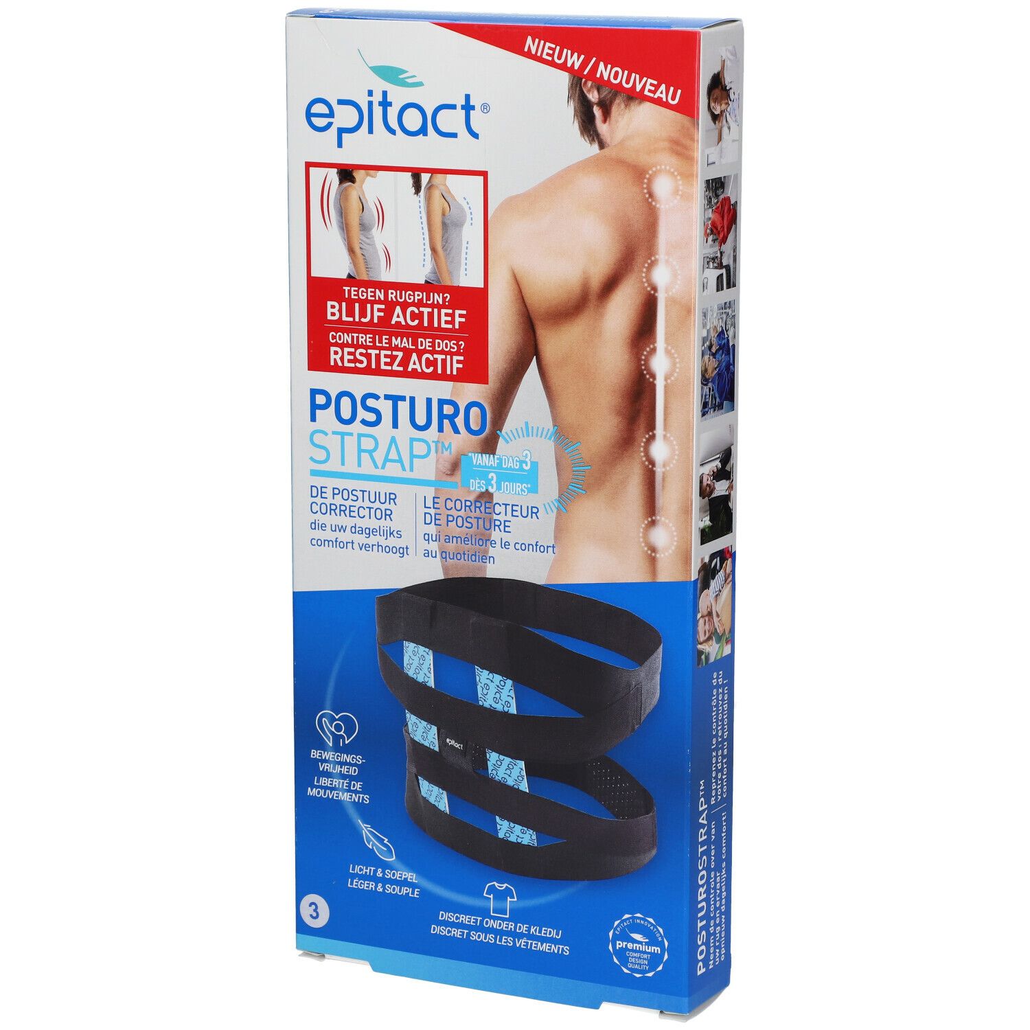 Epitact Posturostrap Maat 3. Zwarte bandage in verpakking. Opschriften: Epitact, Posturostrap, tegen rugpijn, maat 3.