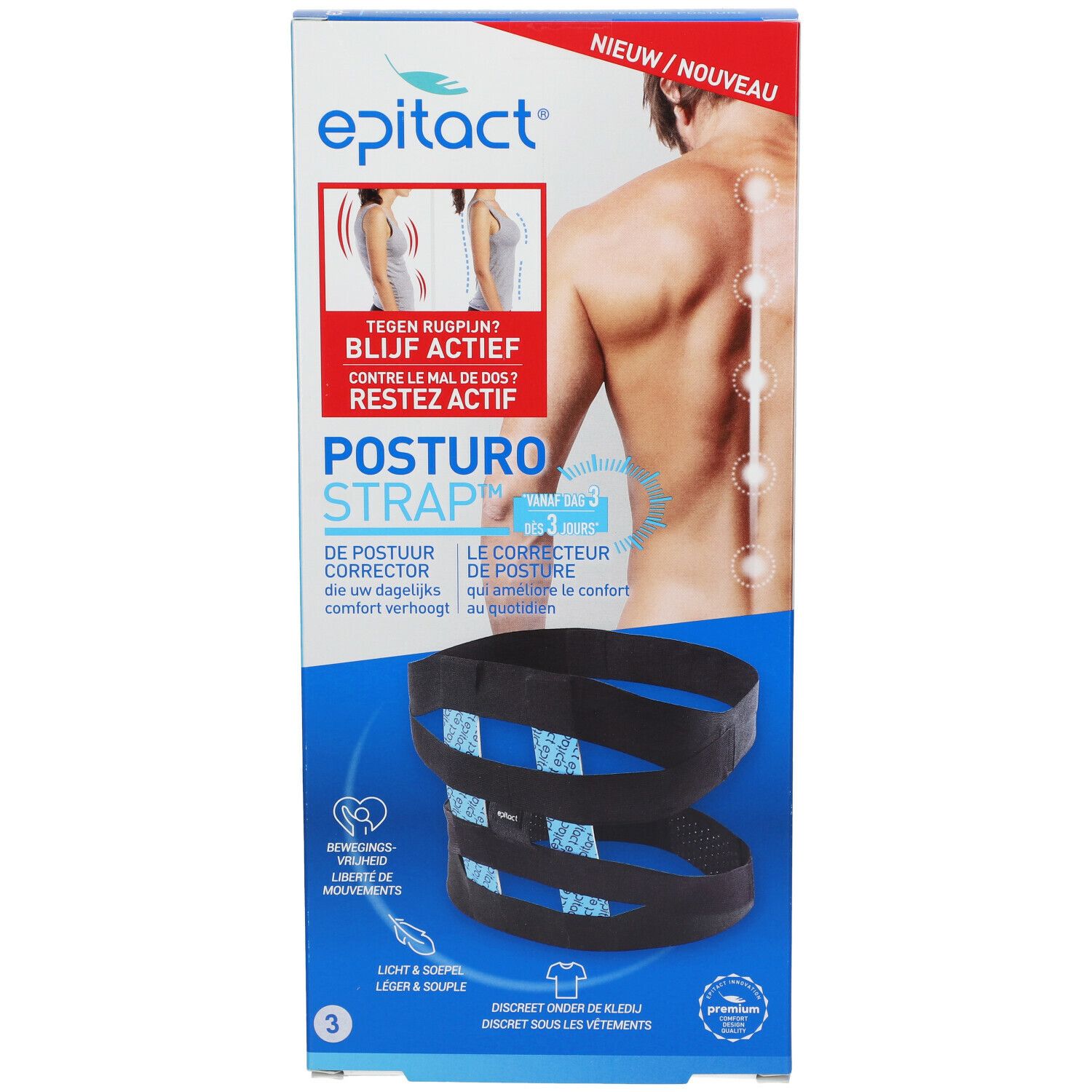 Epitact Posturostrap Maat 3. Zwarte bandage in verpakking. Opschriften: Epitact, Posturostrap, tegen rugpijn, maat 3.