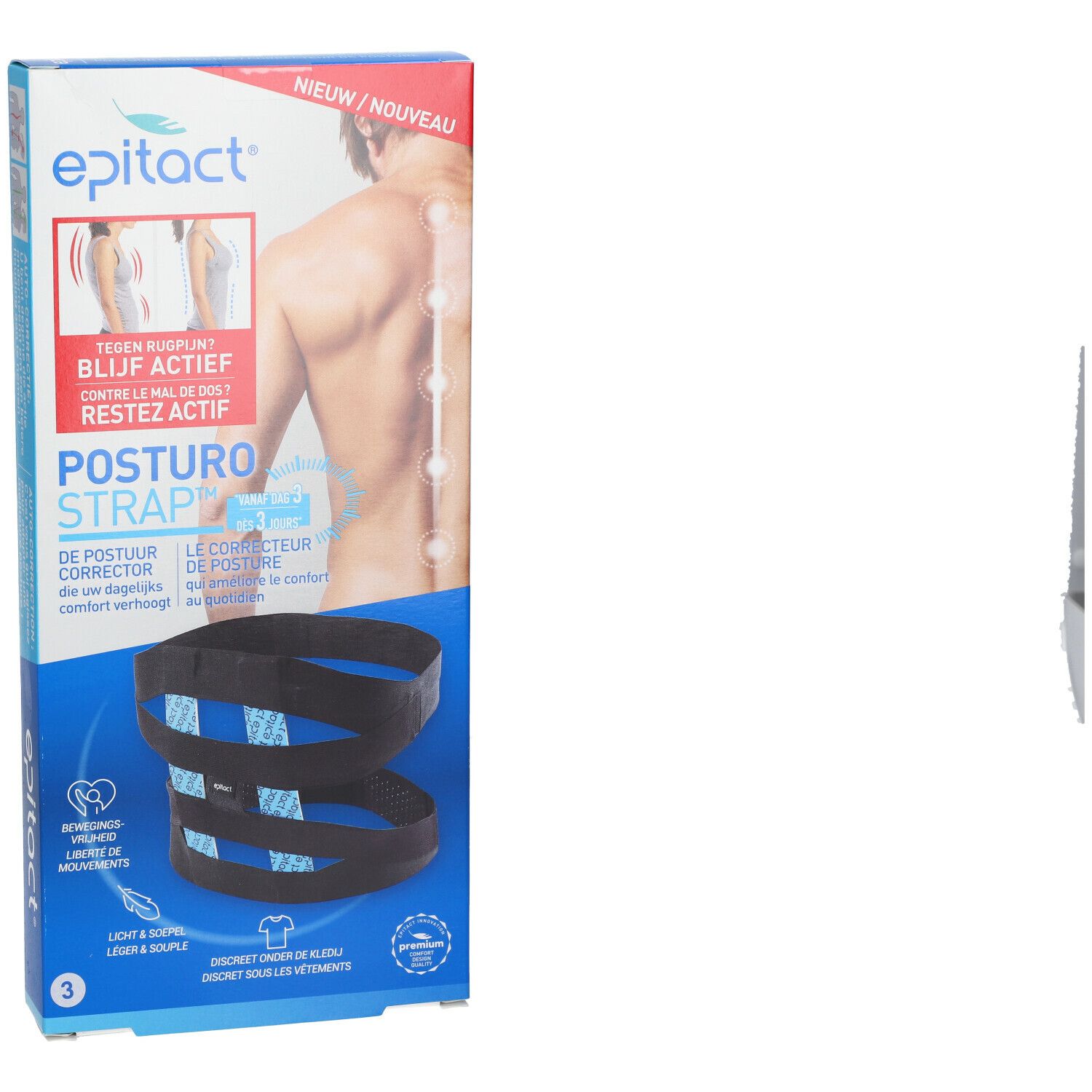Epitact Posturostrap Maat 3. Zwarte bandage in verpakking. Opschriften: Epitact, Posturostrap, tegen rugpijn, maat 3.