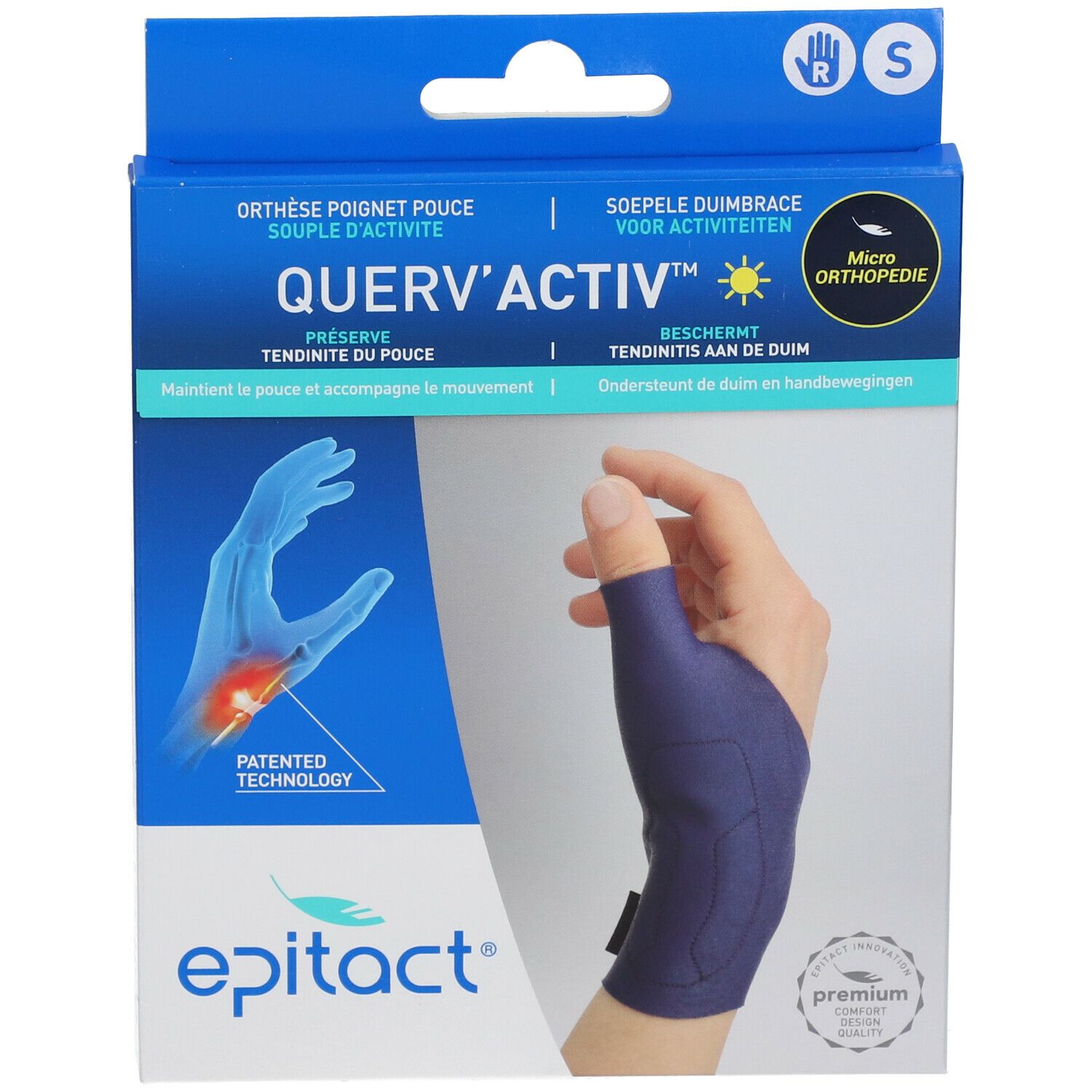 Epitact Querv'Activ duimbrace, maat S, op verpakking. Hand met brace, illustratie van duim. Gepatenteerde technologie.