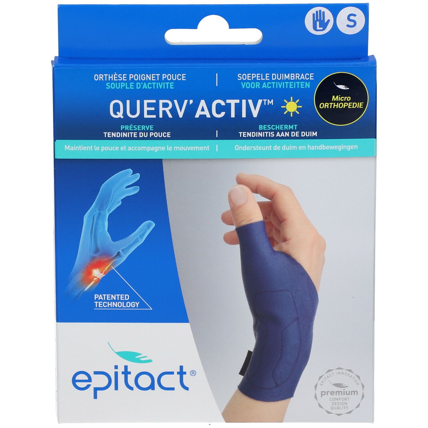 Verpakking Epitact Querv'Activ, blauw product op hand afgebeeld. Maat S. Tekst: Micro Orthopedie, Querv'Activ, Orthèse poignet pouce.