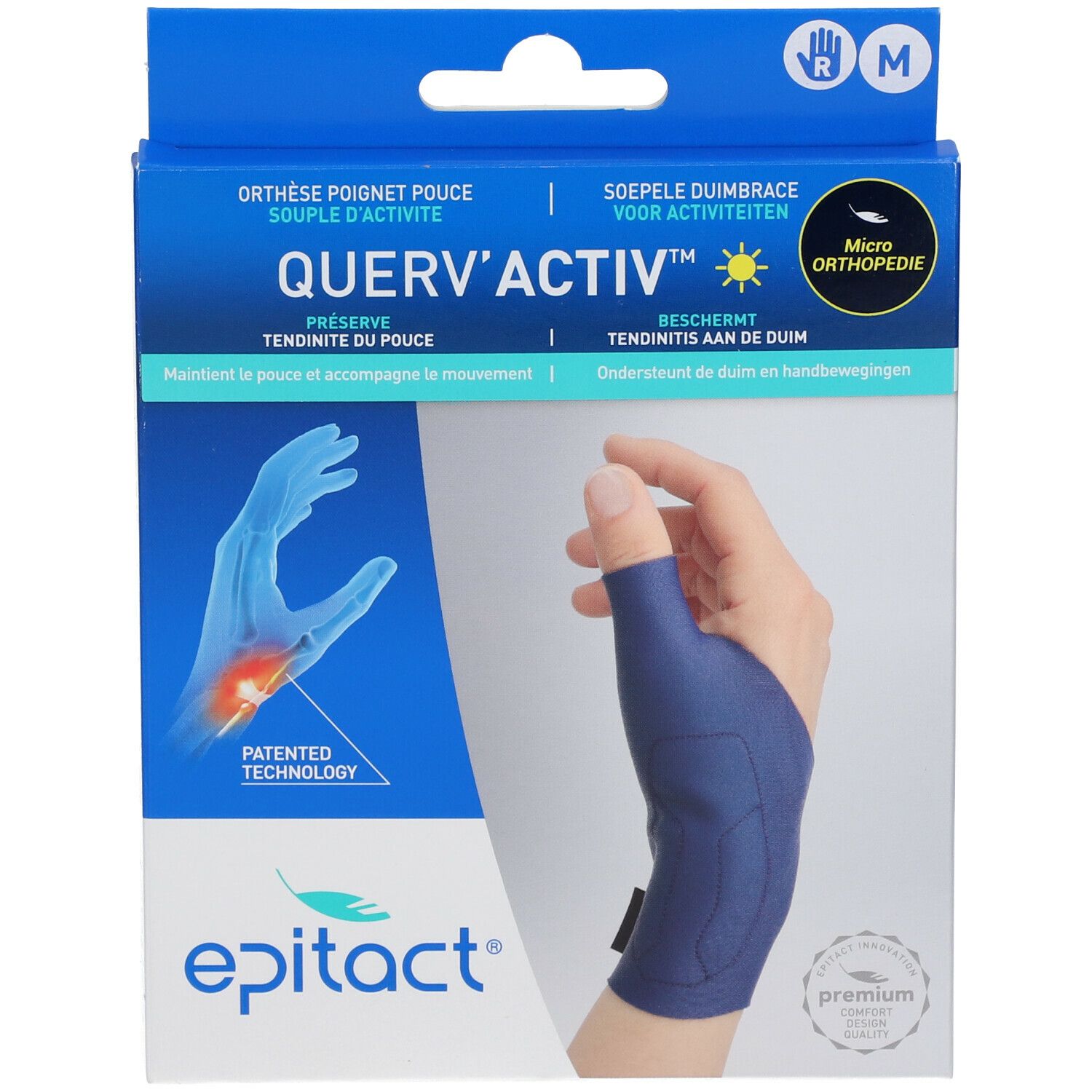Blauw-witte productverpakking. Bevat een polsbrace. Tekst: Querv'Activ, Epitact, Micro Orthopedie. Illustratie van een hand met brace.