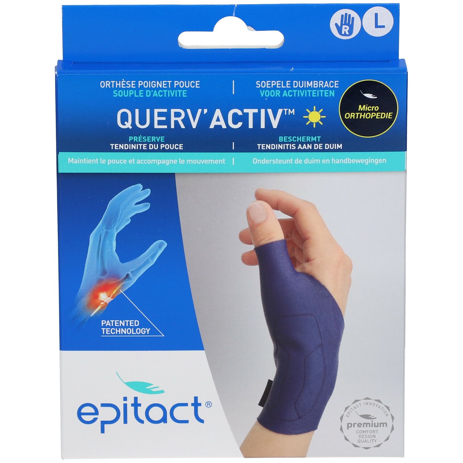 Epitact® Querv'Activ™ Droite Large. Blauwe duimbrace op verpakking. Hand met brace. Blauwe verpakking met productnaam en logo.