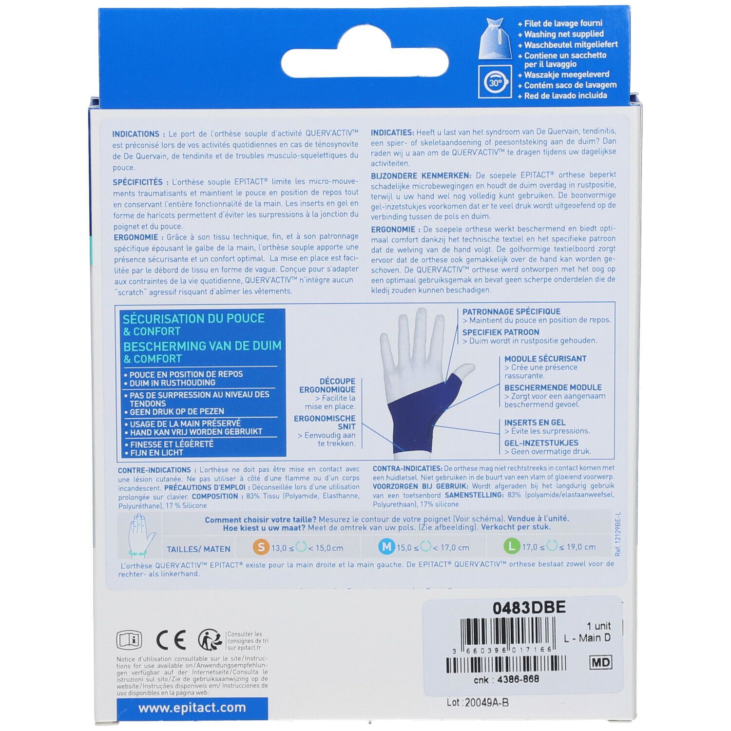 Achterkant verpakking Epitact® Querv'Activ™ Droite Large. Productinformatie, illustraties en maatindicaties.