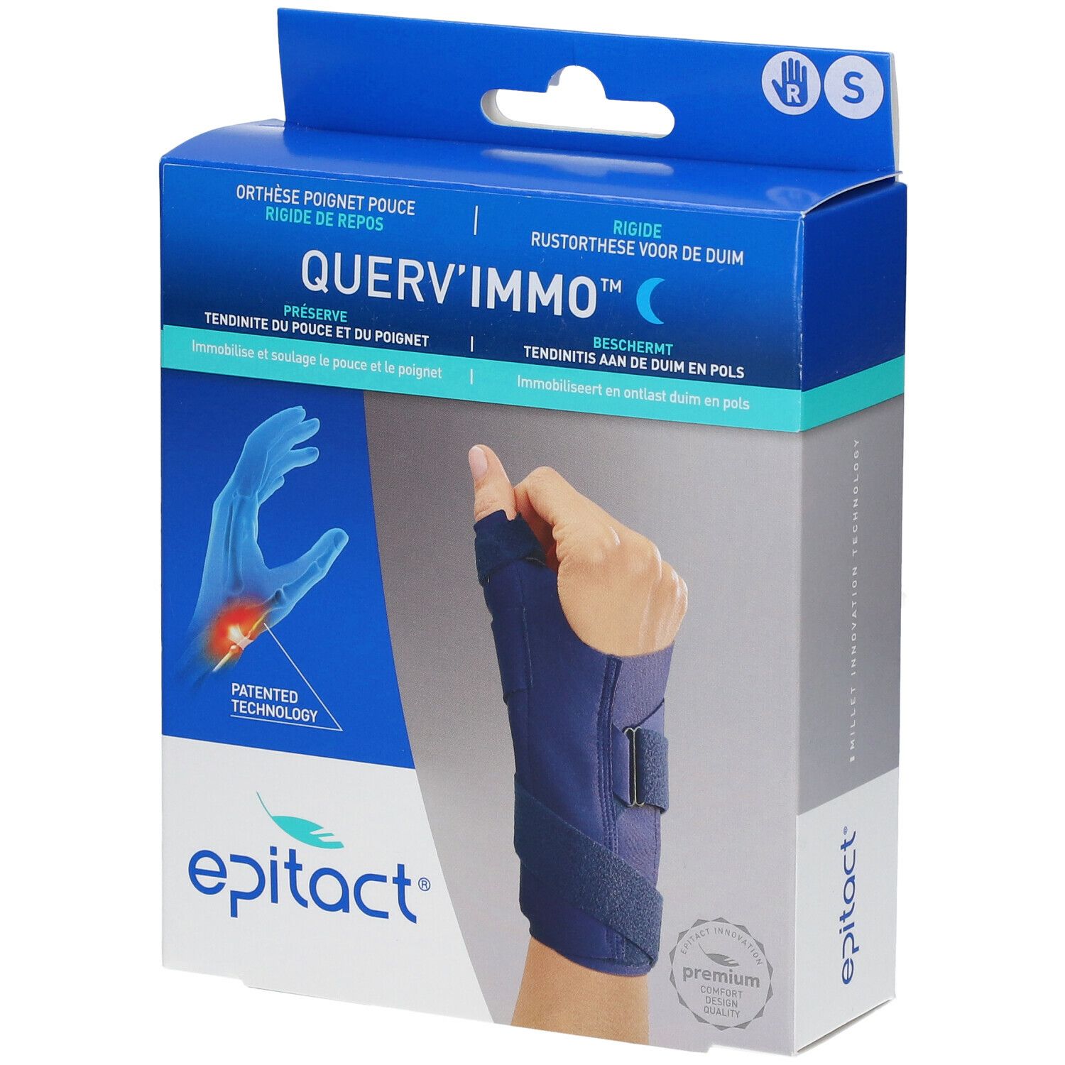 Epitact® Querv'Immo™ Droite Small. Blauwe polsbrace in verpakking. Maat S. Merk en productnaam zichtbaar.