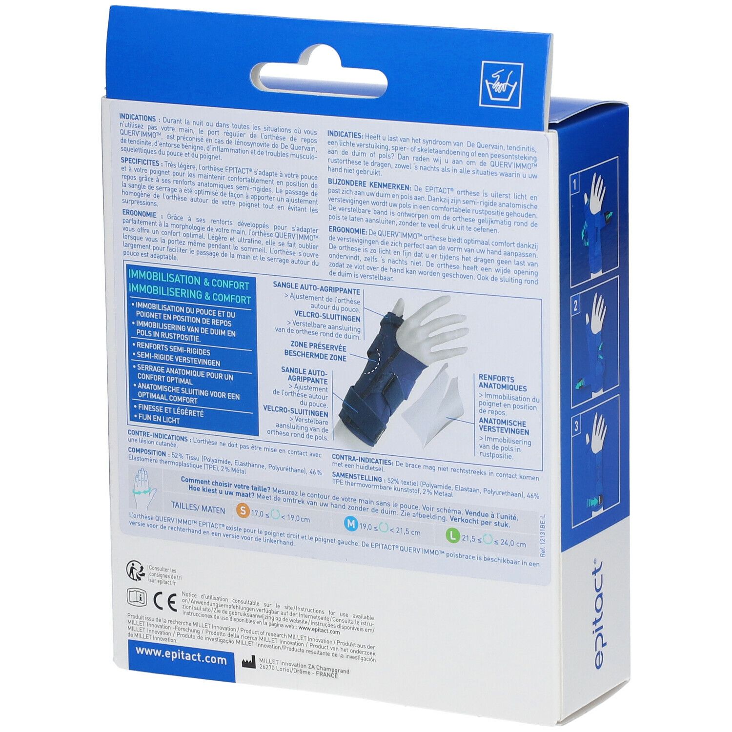 Epitact® Querv'Immo™ Droite Small. Achterkant van de verpakking met productinformatie en instructies. CE-markering.