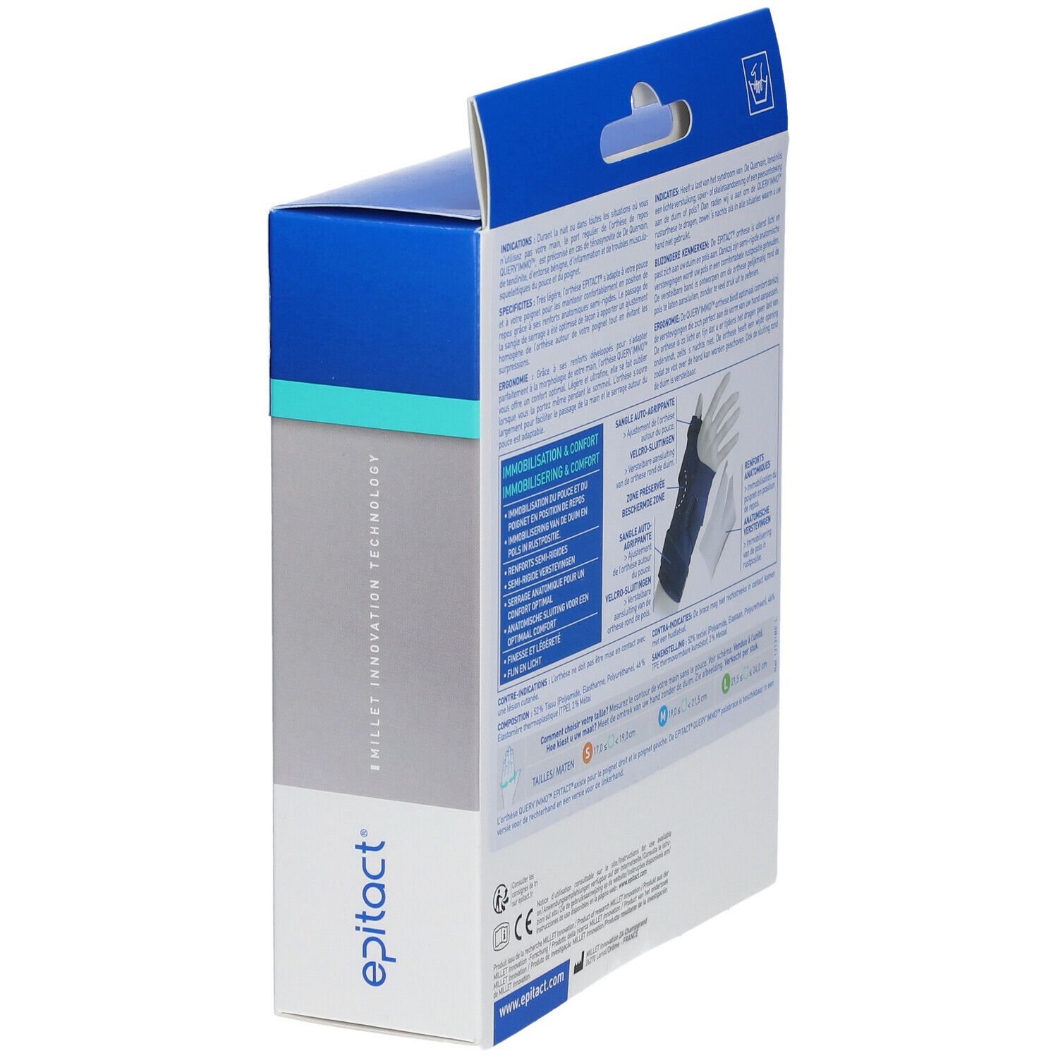 Epitact® Querv'Immo™ Droite Small. Zijaanzicht van de verpakking met productinformatie. Merk Epitact®.