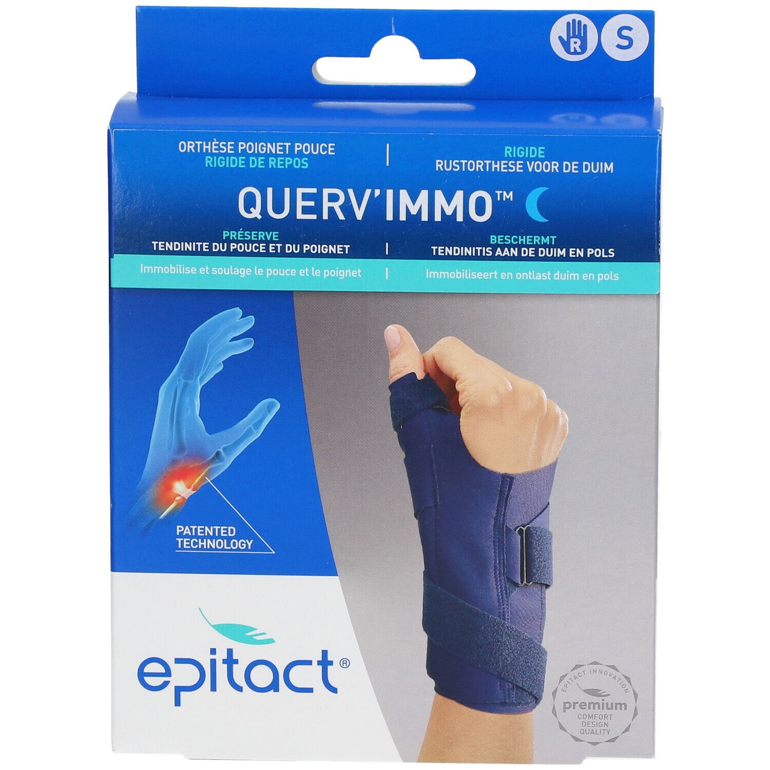 Epitact® Querv'Immo™ Droite Small. Blauwe polsbrace in verpakking. Maat S. Merk en productnaam zichtbaar.