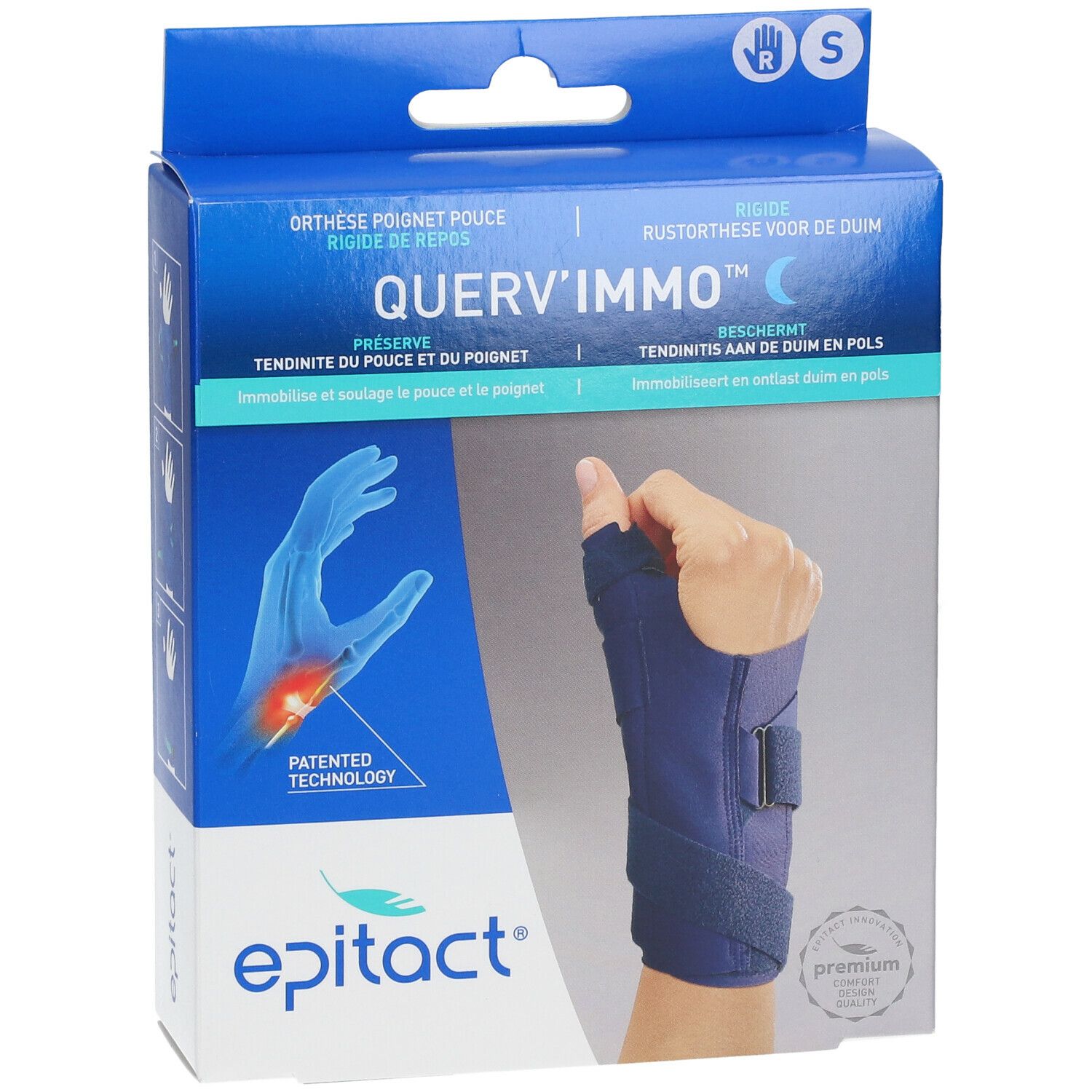 Epitact® Querv'Immo™ Droite Small. Blauwe polsbrace in verpakking. Maat S. Merk en productnaam zichtbaar.
