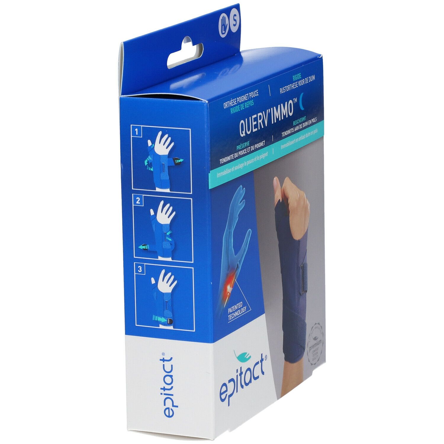 Verpakking Epitact® Querv'Immo™ Gauche Small. Blauwe doos met productillustraties en tekst. Maat S.