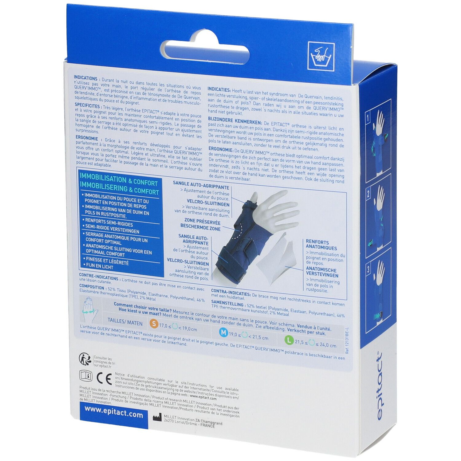 Achterkant van de verpakking Epitact® Querv'Immo™ Gauche Small. Tekst en productillustratie. Maat S.