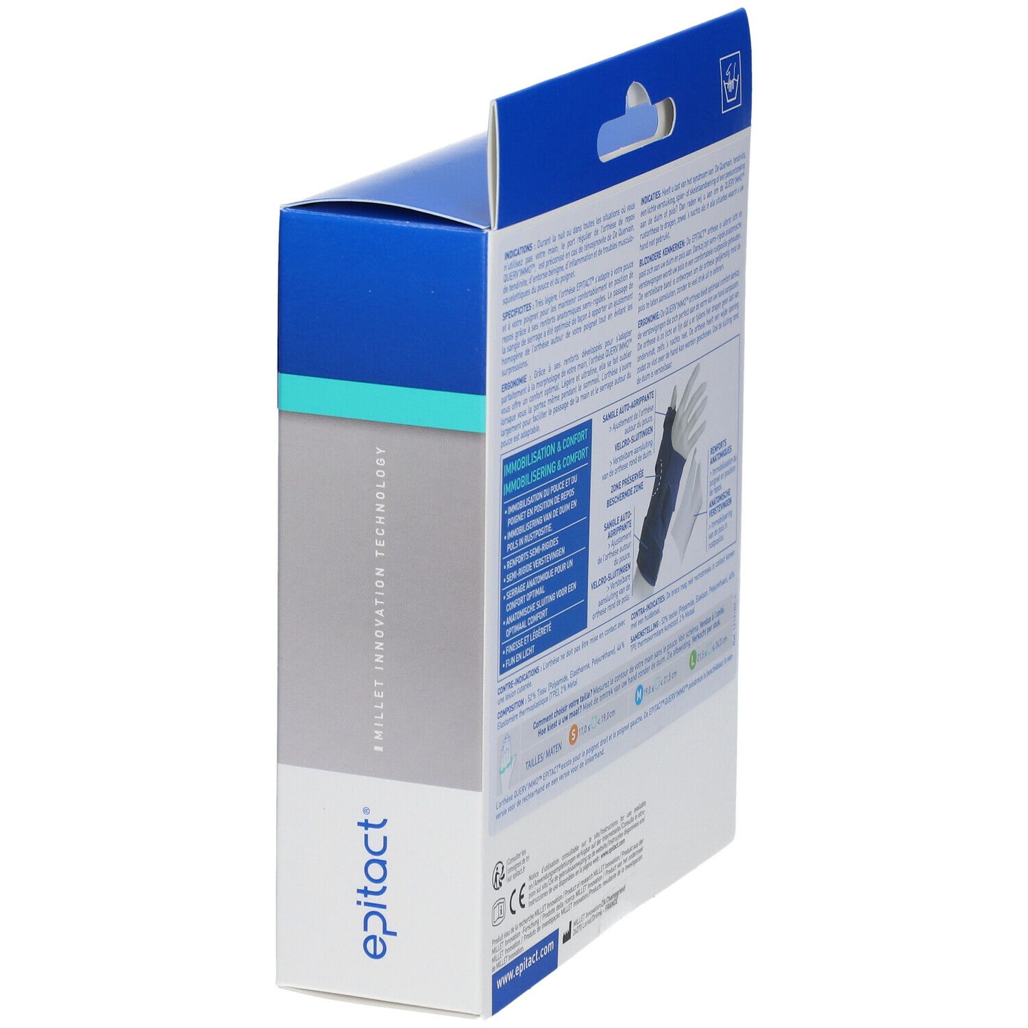 Zijkant van de verpakking Epitact® Querv'Immo™ Gauche Small. Tekst en productillustratie. Maat S.