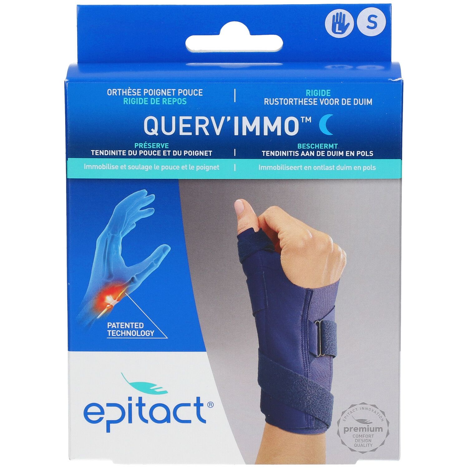 Verpakking Epitact® Querv'Immo™ Gauche Small. Blauwe doos met productafbeelding en tekst. Maat S.