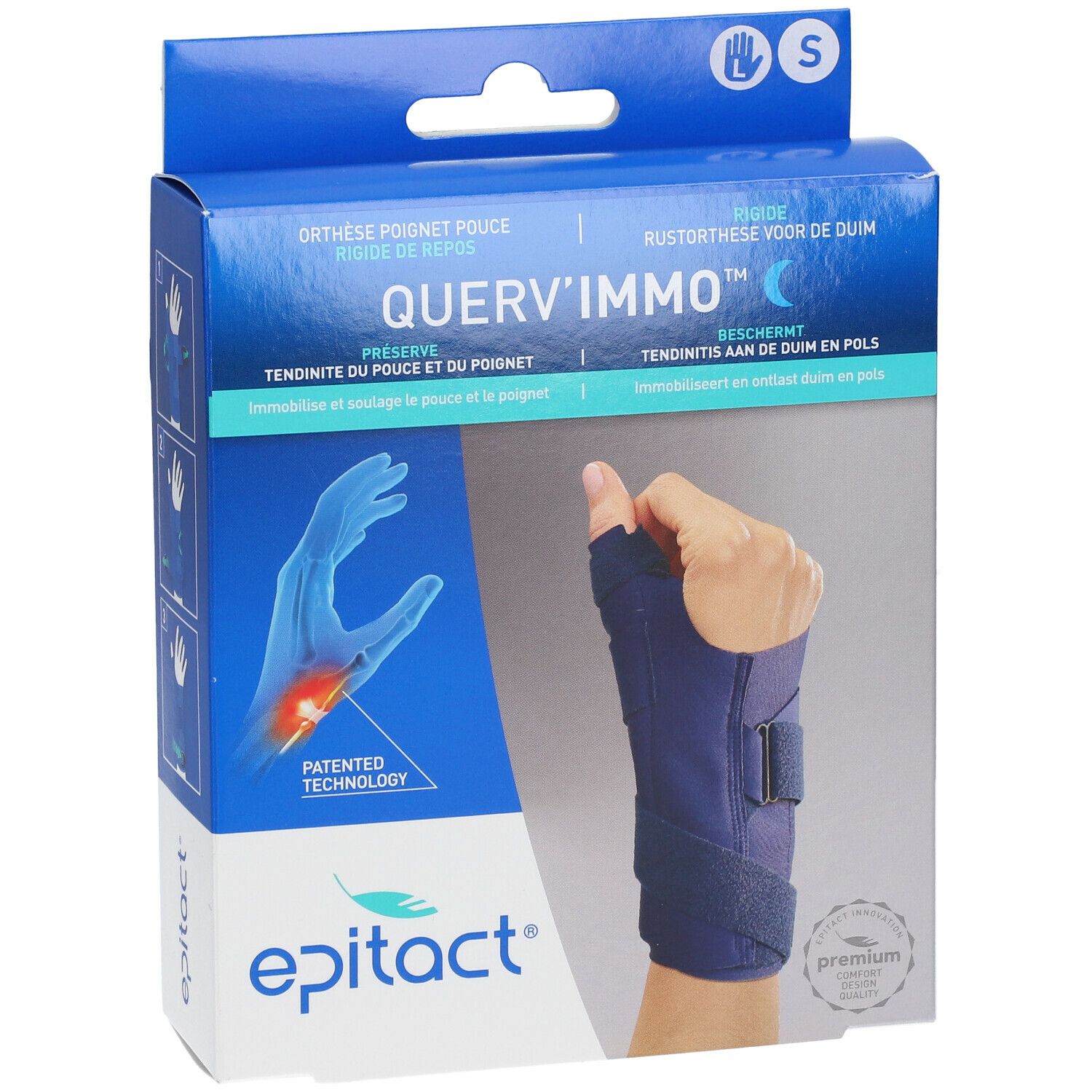 Verpakking Epitact® Querv'Immo™ Gauche Small. Blauwe doos met productafbeelding en tekst. Maat S.