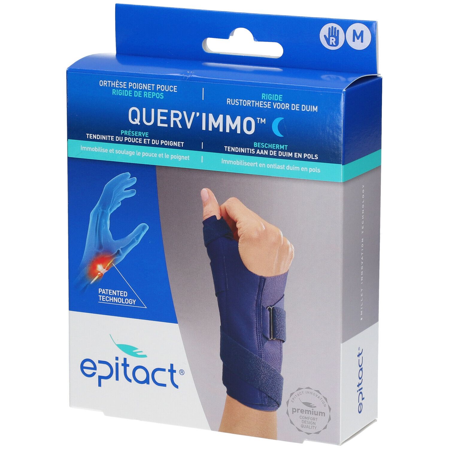 Verpakking Epitact Querv'Immo. Donkerblauwe polsbrace. Bevat Querv'Immo en Epitact logo. Maat M.