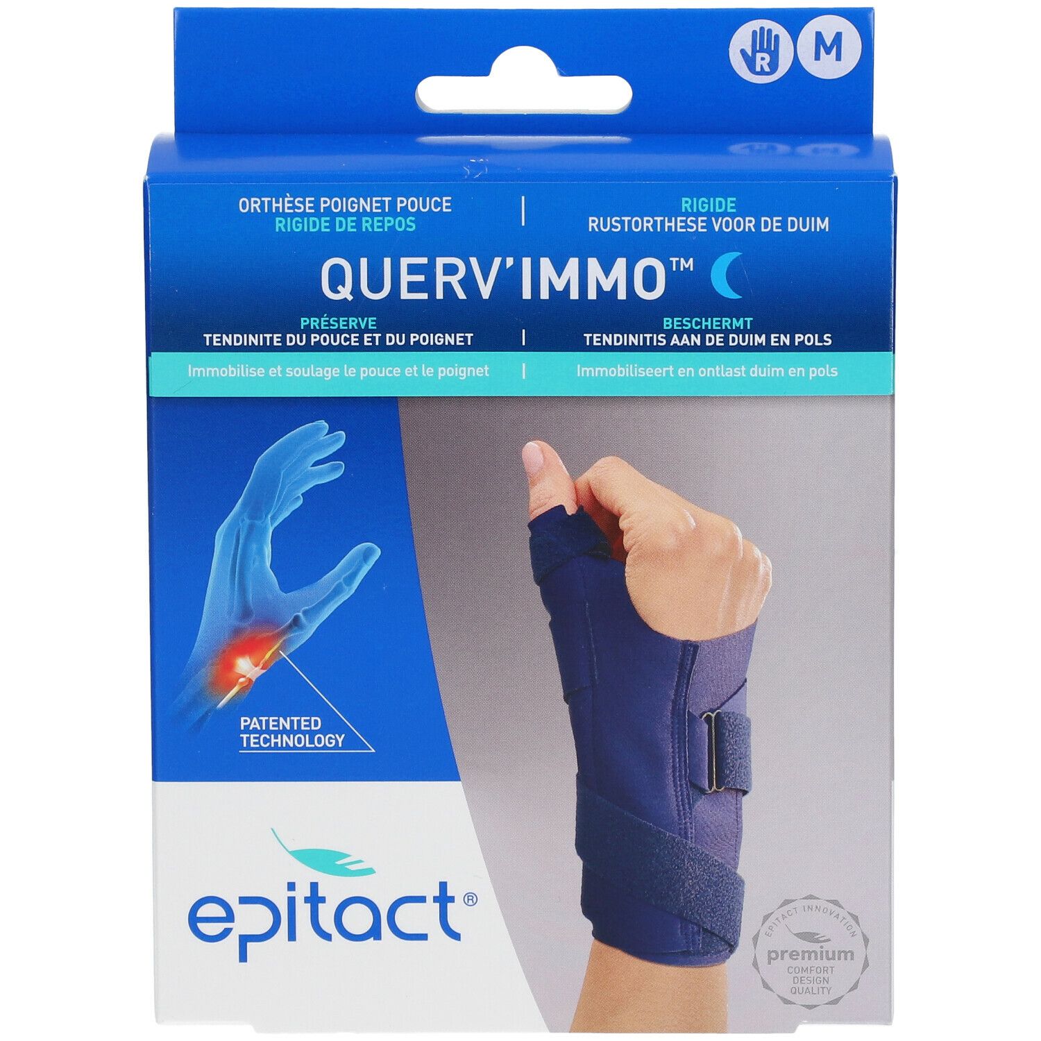 Verpakking Epitact Querv'Immo. Donkerblauwe polsbrace. Bevat Querv'Immo en Epitact logo. Maat M.