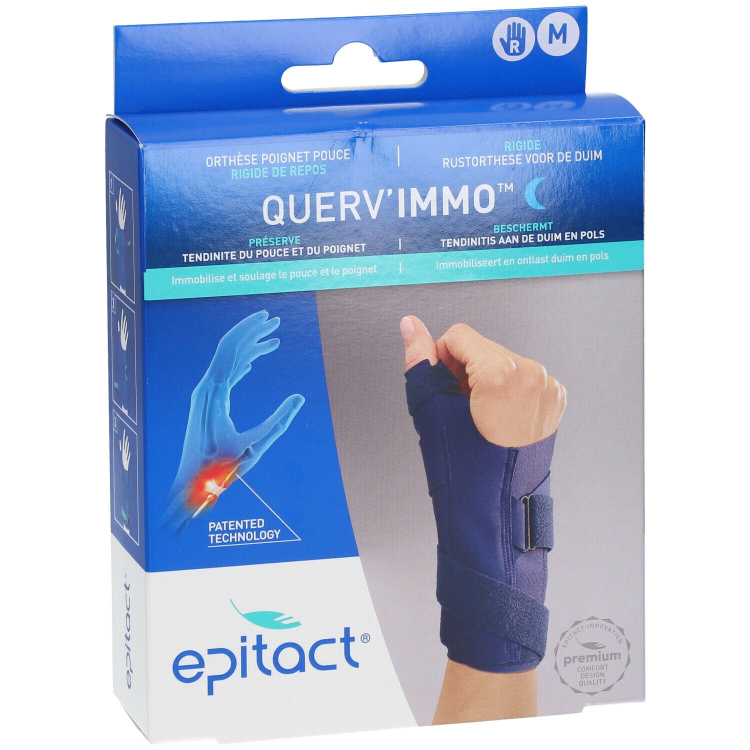 Verpakking Epitact Querv'Immo. Donkerblauwe polsbrace. Bevat Querv'Immo en Epitact logo. Maat M.