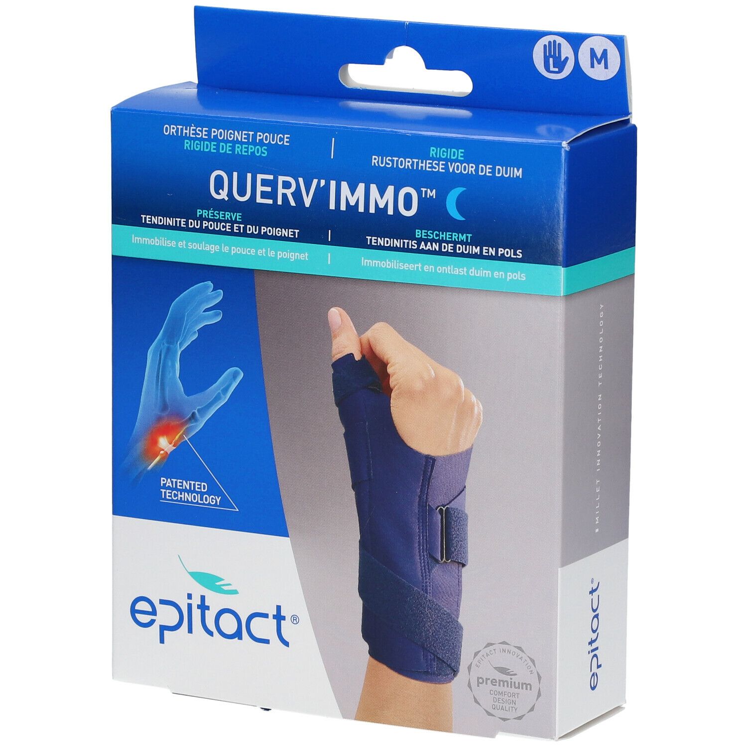 Boîte Epitact® Querv'Immo™ bleue et noire, taille M. Orthèse poignet-pouce. Texte: Querv'Immo™.