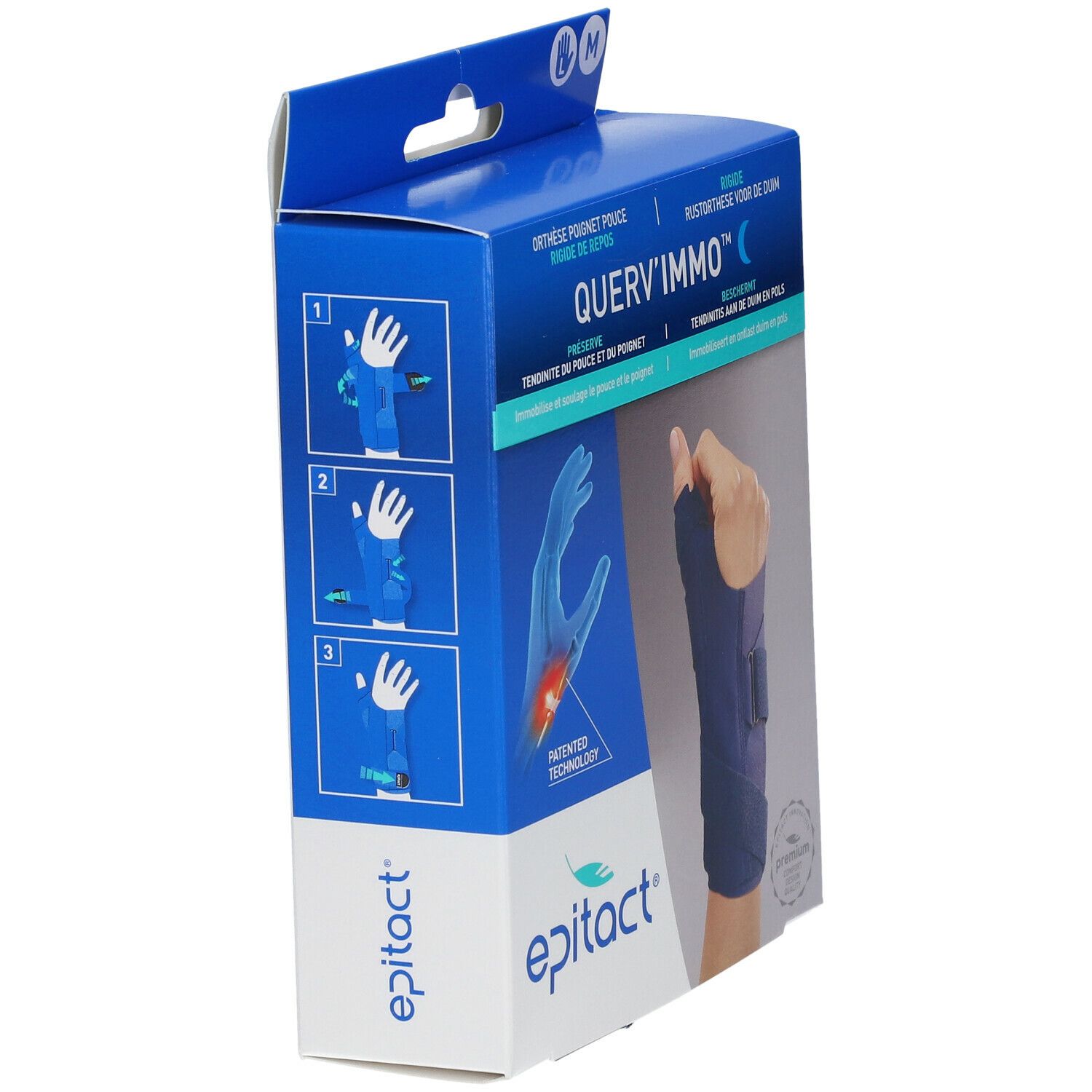 Boîte Epitact® Querv'Immo™. Côté avec illustration du produit et exemples d'utilisation. Taille M.