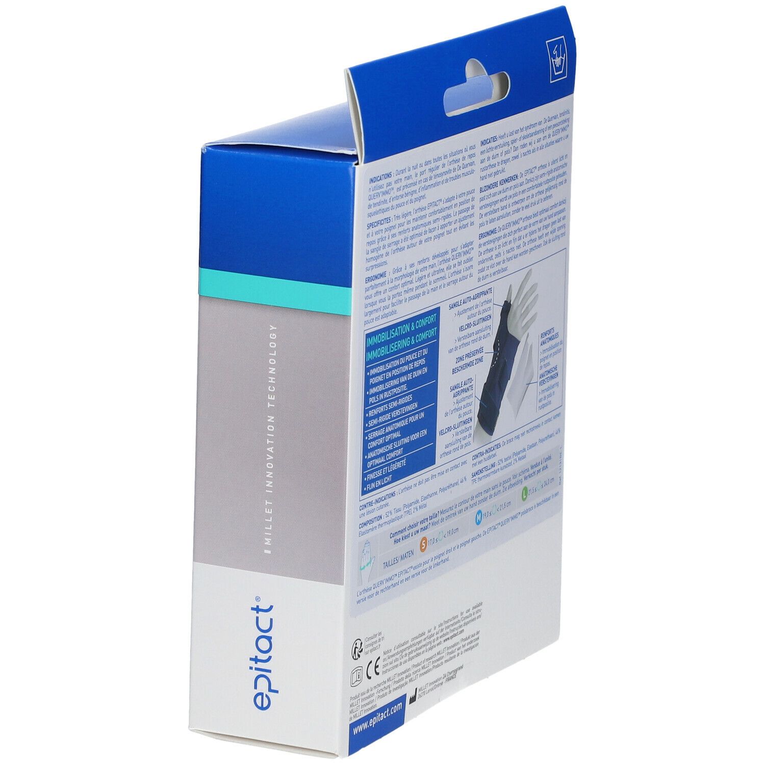Côté de la boîte Epitact® Querv'Immo™. Texte et illustration du produit. Marque Epitact®.