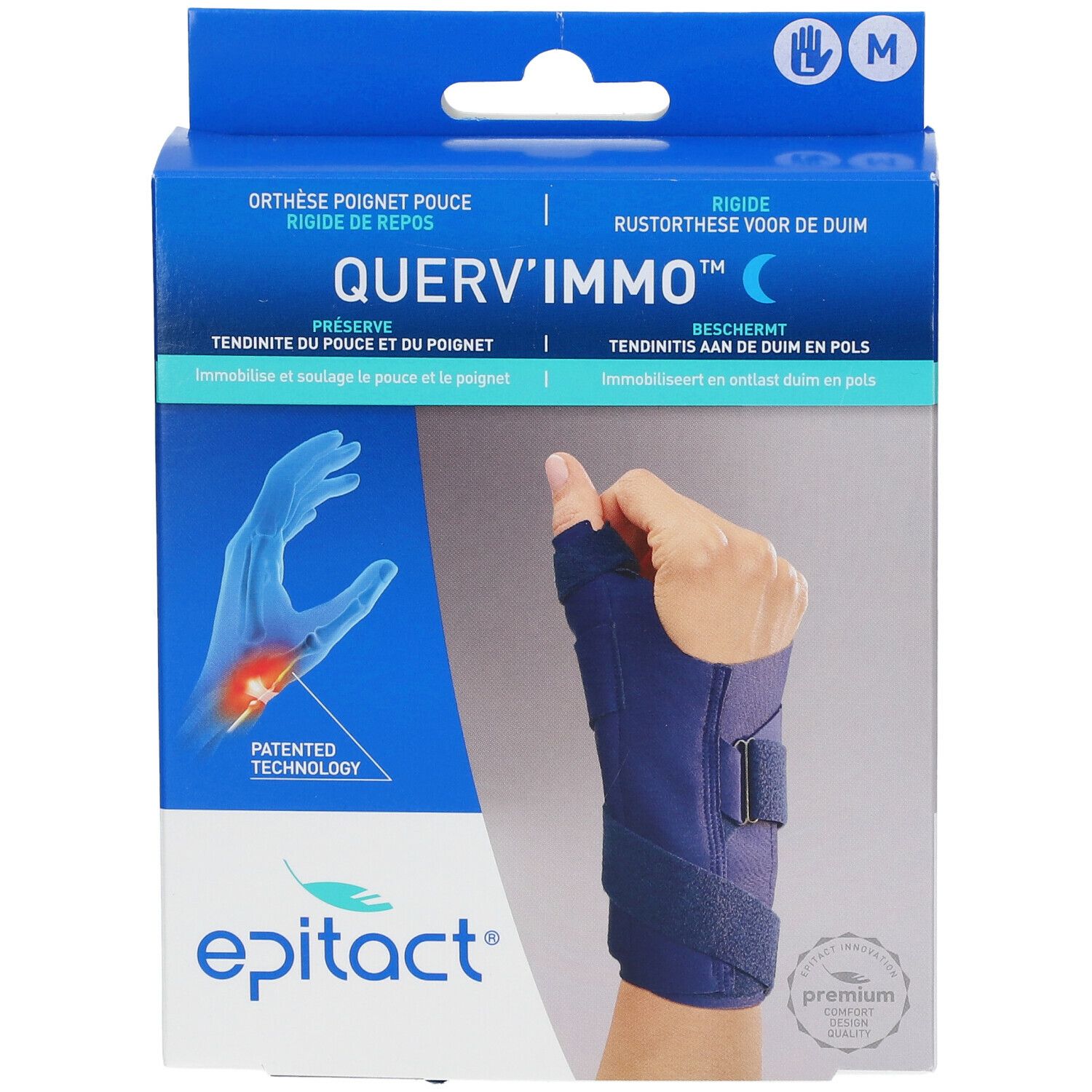Boîte Epitact® Querv'Immo™ avec orthèse poignet-pouce. Bleu et noir. Taille M. Texte: Querv'Immo™.