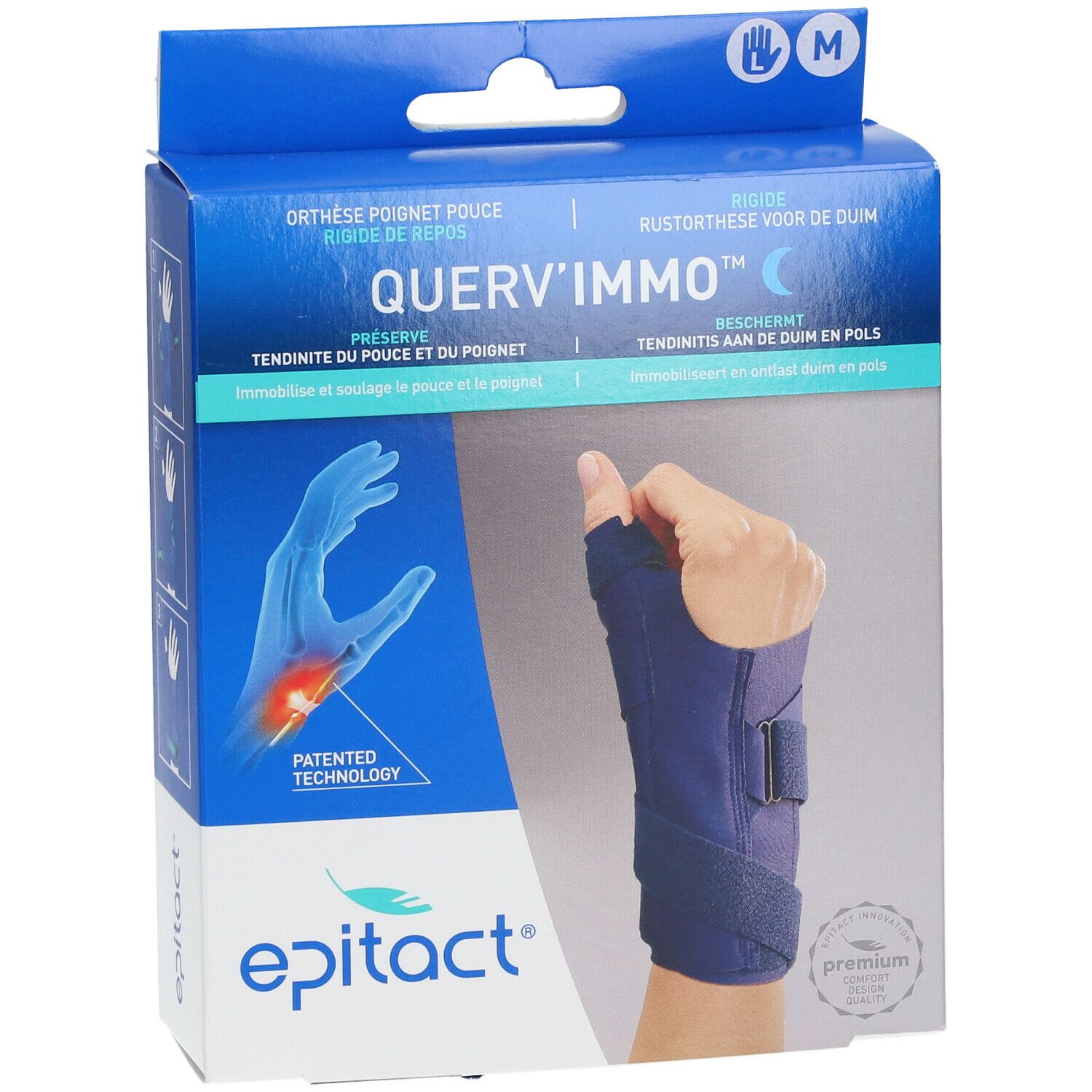 Boîte Epitact® Querv'Immo™ avec orthèse poignet-pouce. Bleu et noir. Taille M. Texte: Querv'Immo™.