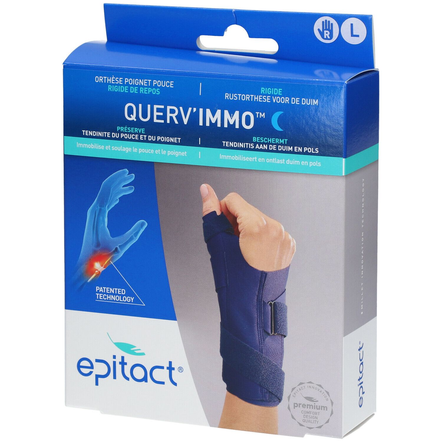Blauw-grijze Epitact® Querv'Immo™ Droite Large-doos. Opdruk: hand met orthese, productnaam, logo's. Maat L.