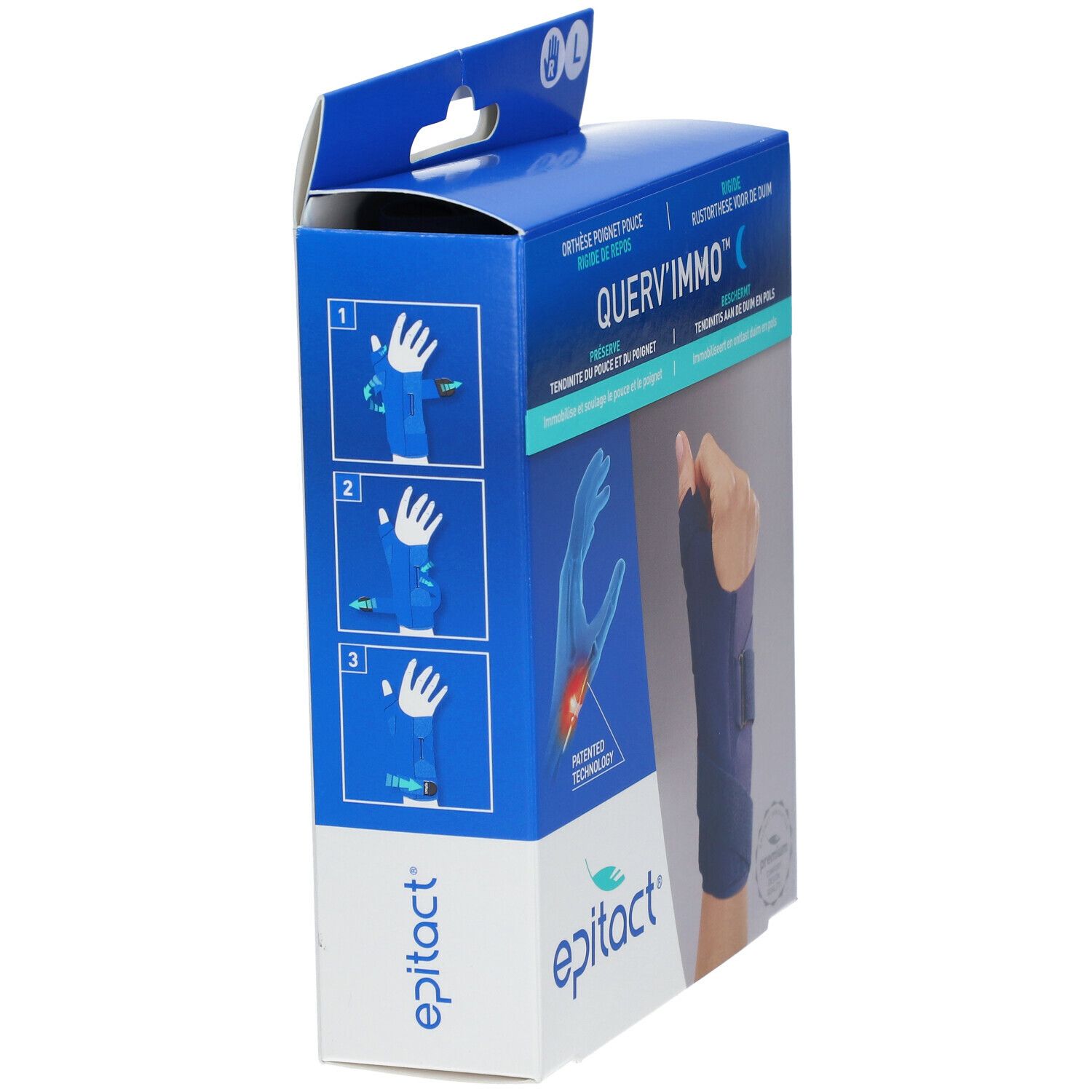 Epitact® Querv'Immo™ Droite Large-doos, zijaanzicht. Opdruk: productnaam, logo's, gebruiksvoorbeelden. Blauw-grijs.