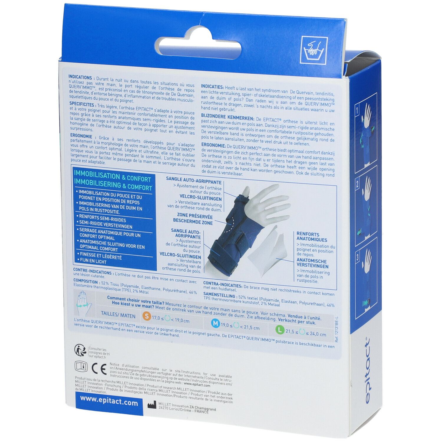 Achterkant van de Epitact® Querv'Immo™ Droite Large-doos. Meertalige tekst, productillustratie, logo's, maatindicaties.