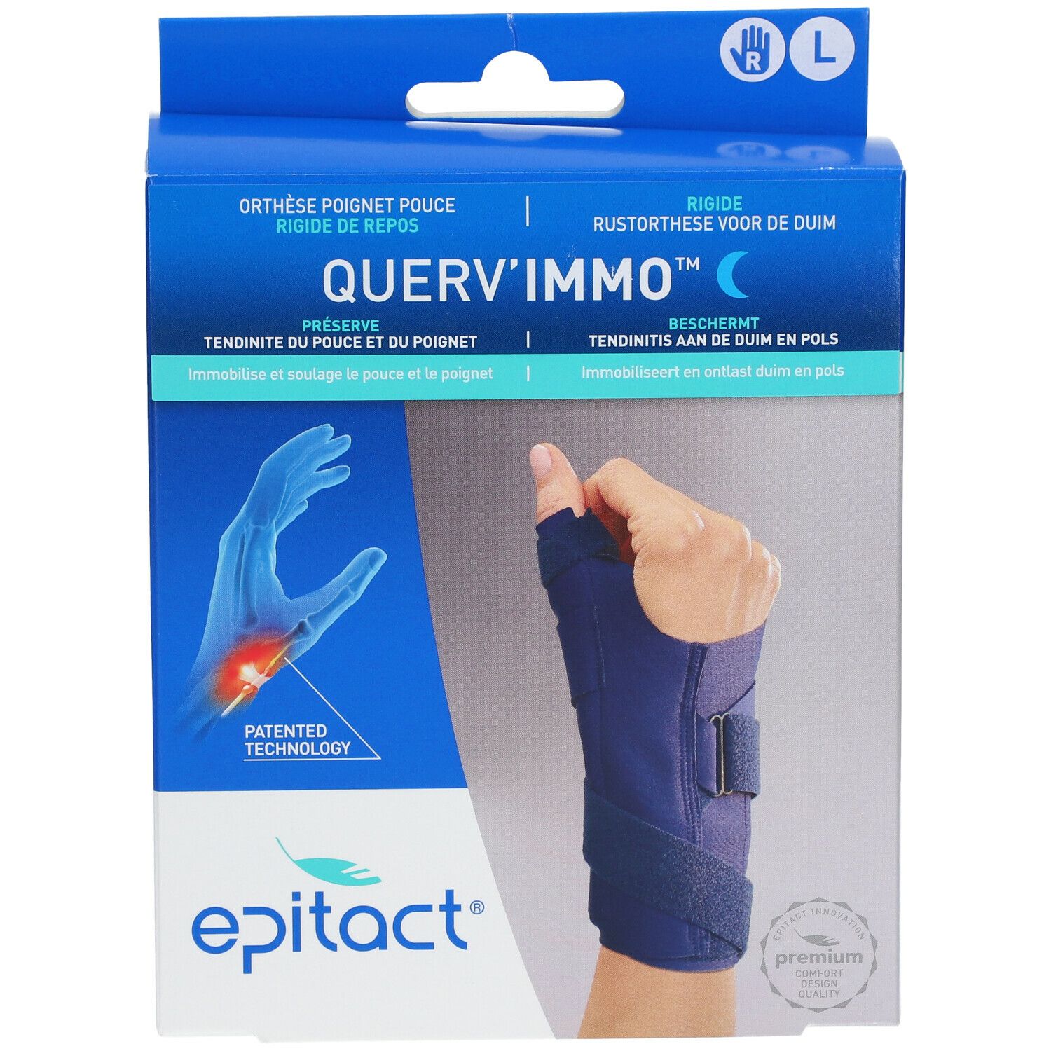 Epitact® Querv'Immo™ Droite Large-doos. Opdruk: hand met orthese, productnaam, logo's. Maat L.