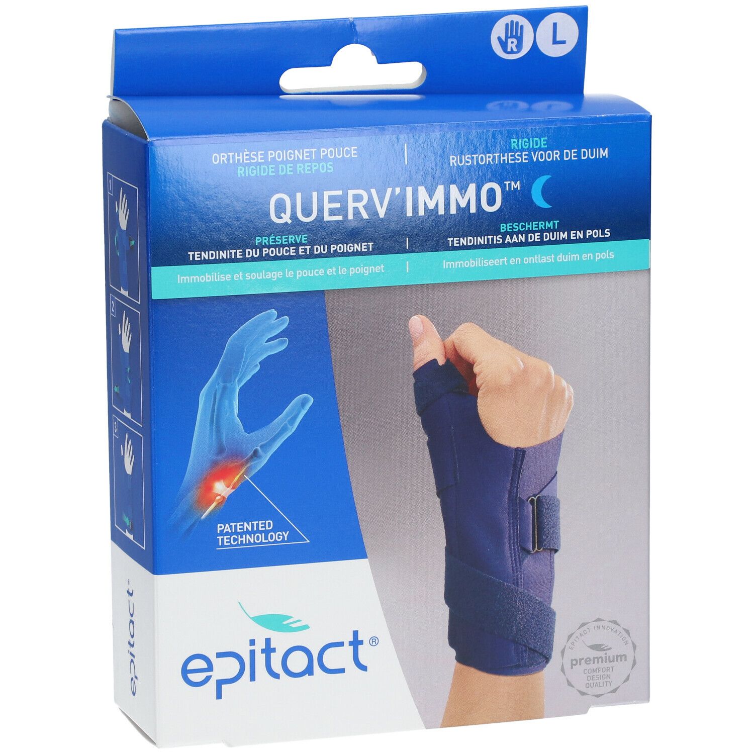 Epitact® Querv'Immo™ Droite Large-doos. Opdruk: hand met orthese, productnaam, logo's. Maat L.